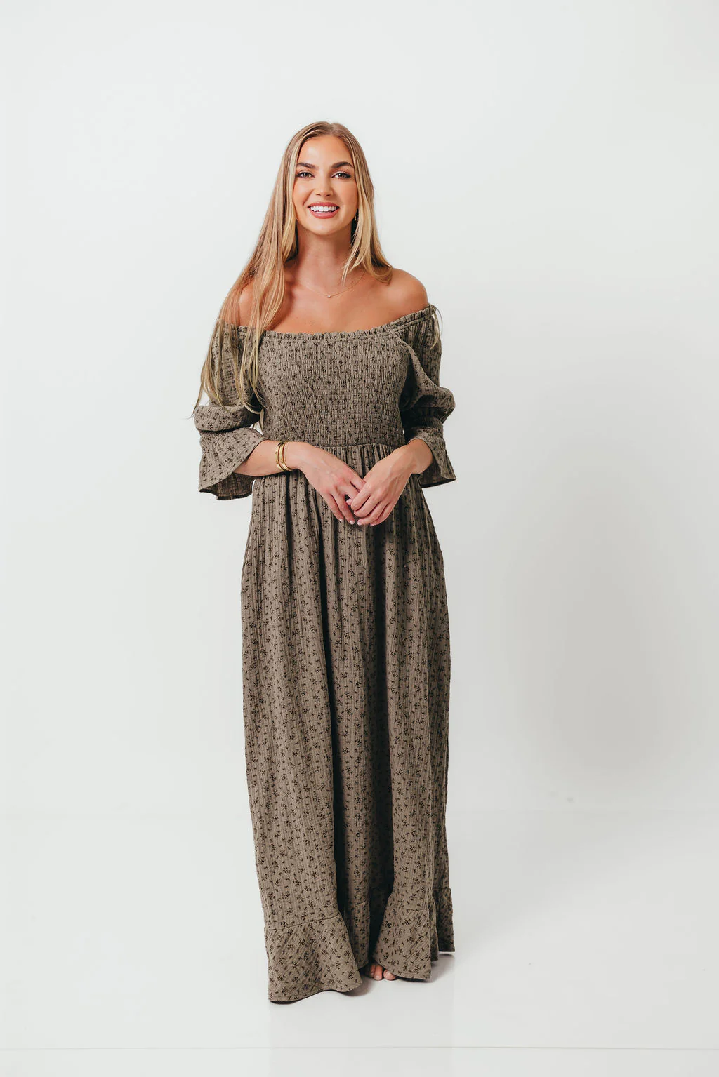 Sienna 100% Cotton Puff Sleeve Maxi Dress in Olive Foliage - Bump Friendly - Image 15