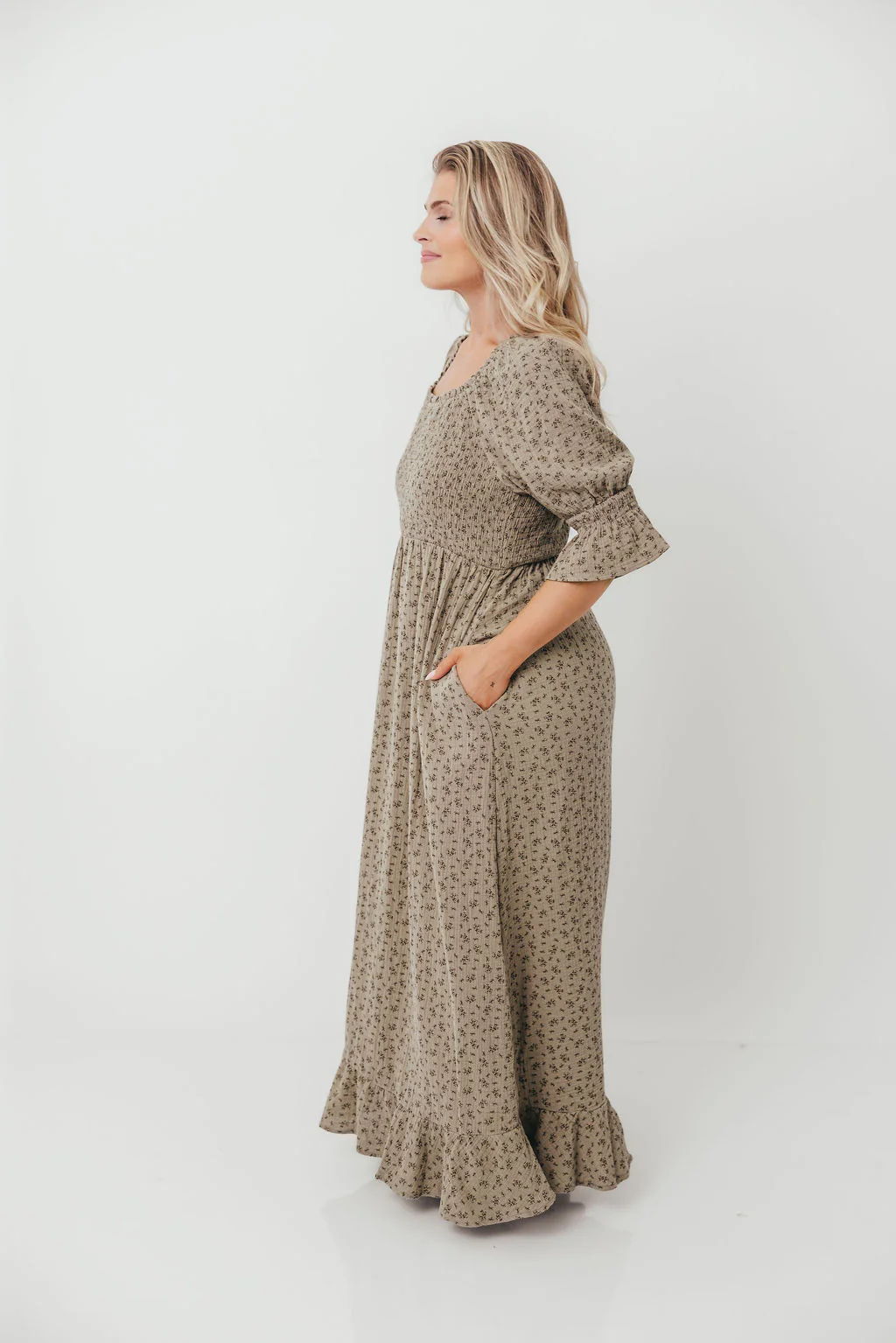 Sienna 100% Cotton Puff Sleeve Maxi Dress in Olive Foliage - Bump Friendly - Image 17