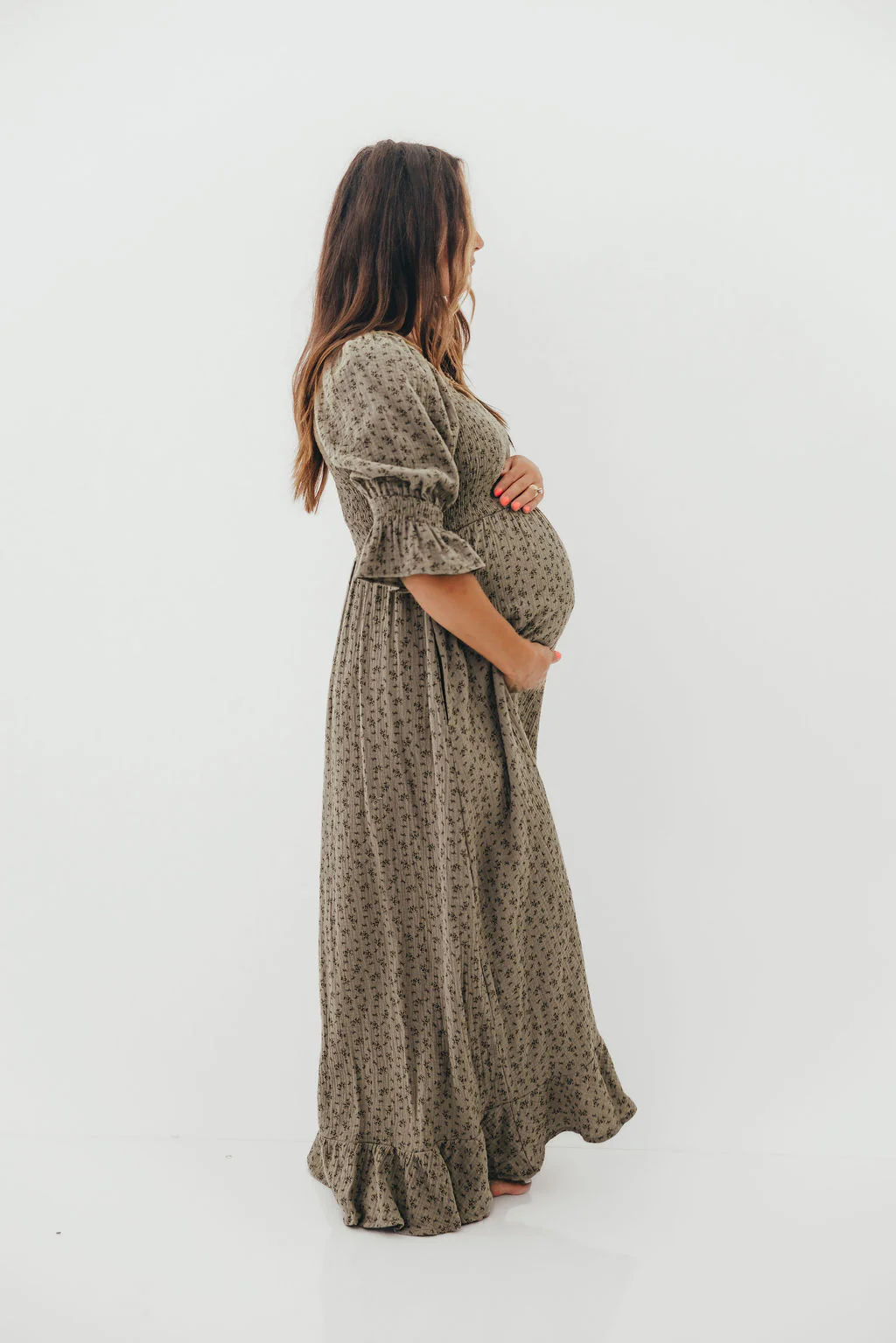 Sienna 100% Cotton Puff Sleeve Maxi Dress in Olive Foliage - Bump Friendly - Image 20