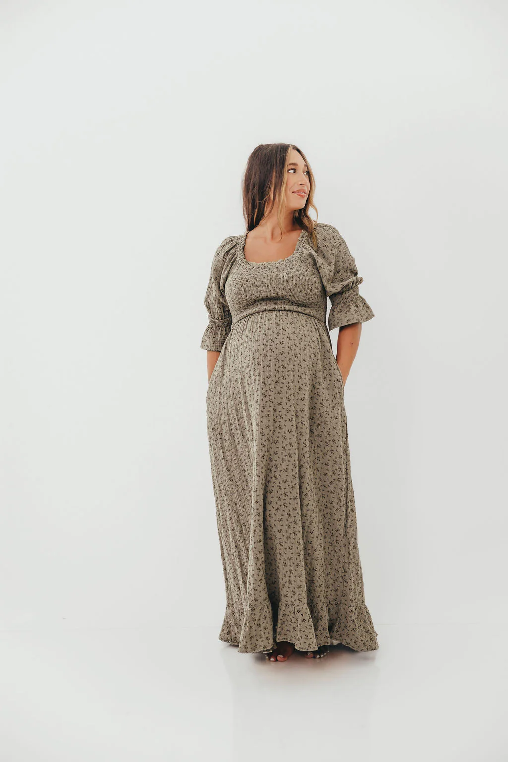 Sienna 100% Cotton Puff Sleeve Maxi Dress in Olive Foliage - Bump Friendly - Image 22
