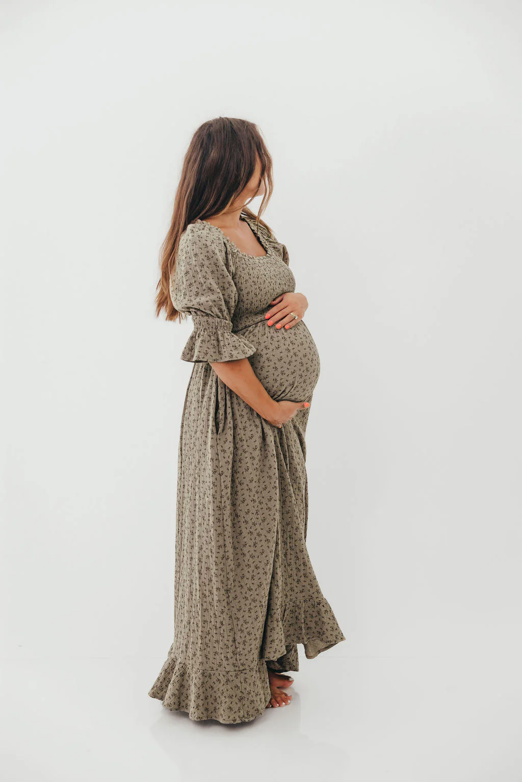 Sienna 100% Cotton Puff Sleeve Maxi Dress in Olive Foliage - Bump Friendly - Image 23