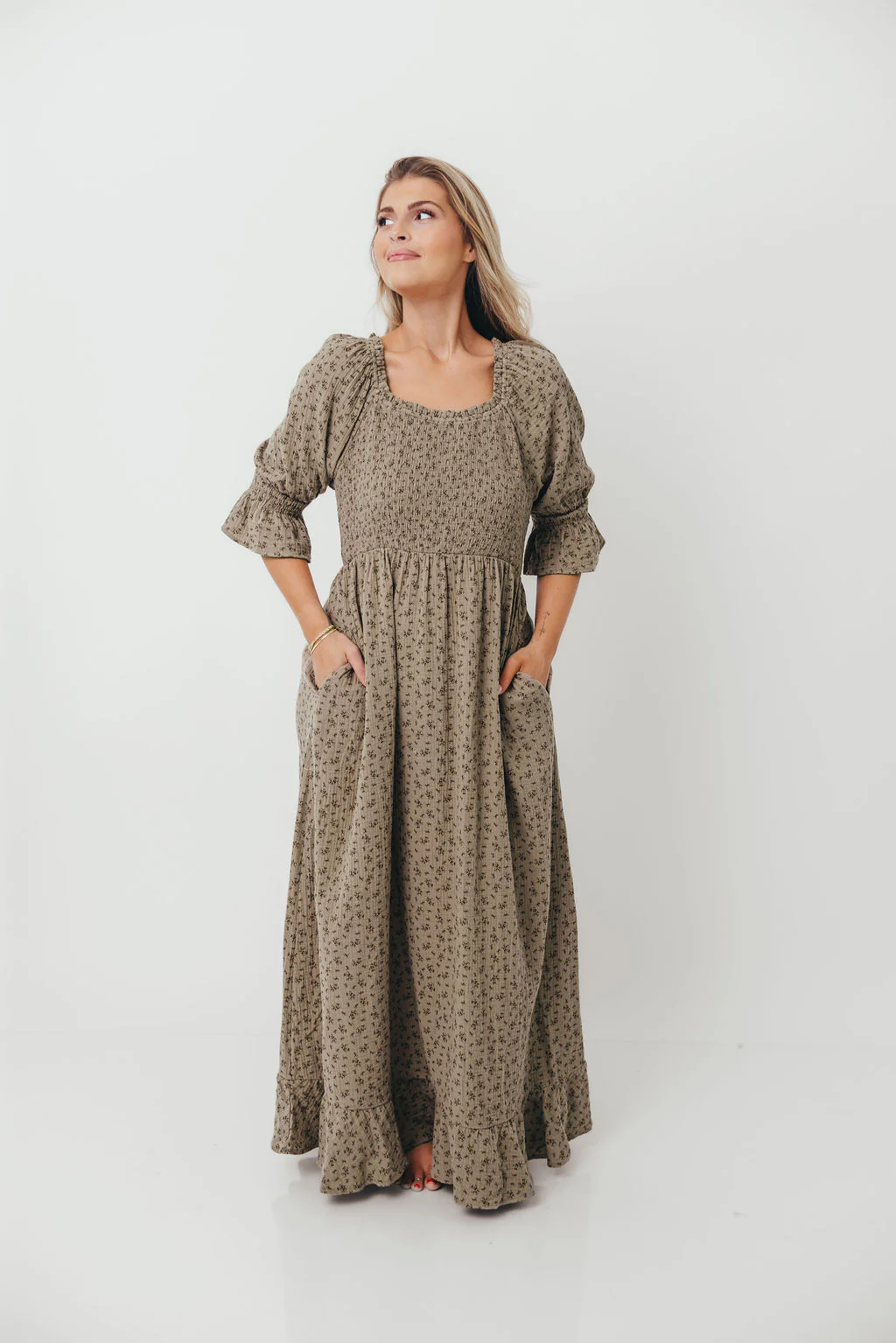 Sienna 100% Cotton Puff Sleeve Maxi Dress in Olive Foliage - Bump Friendly - Image 3