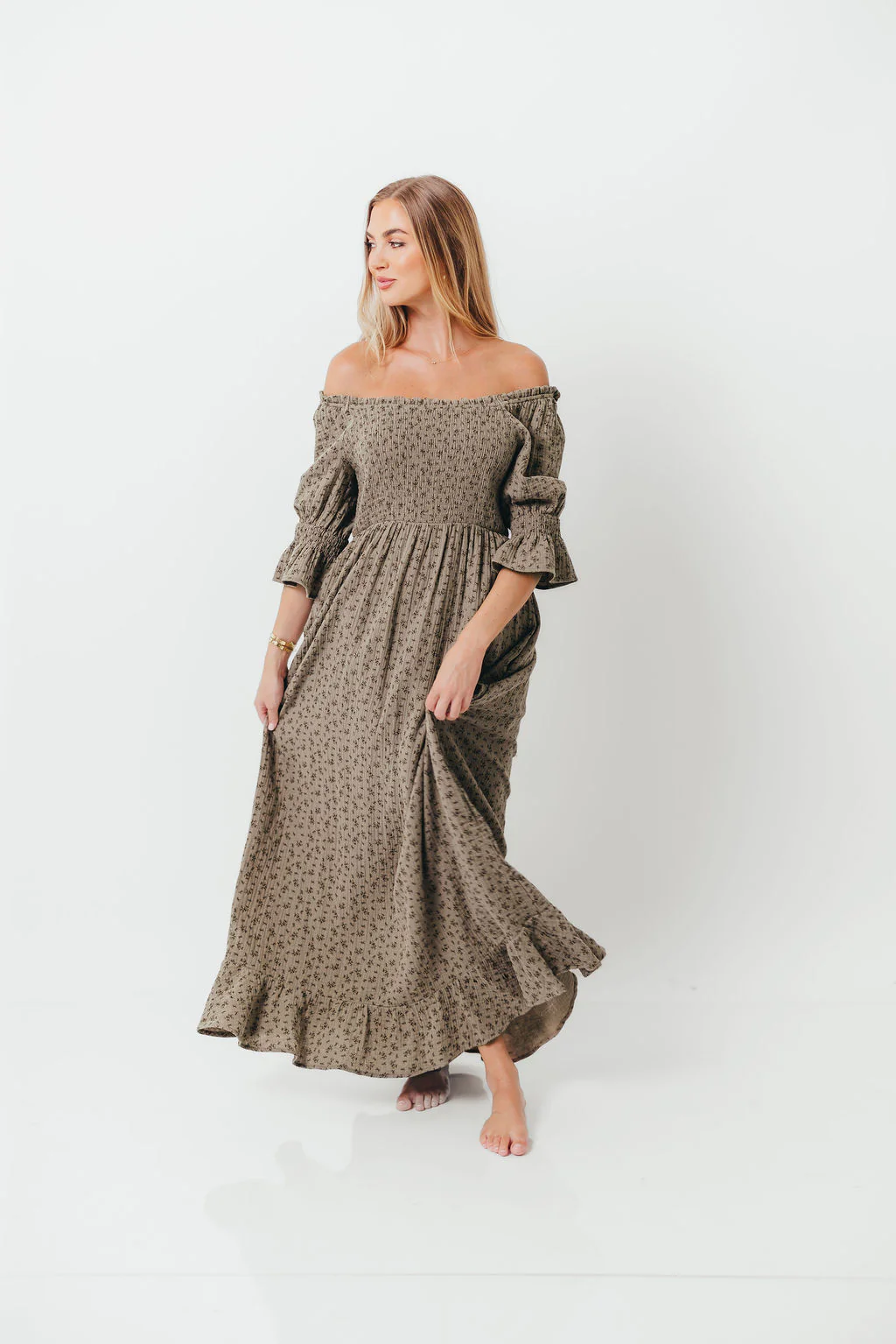 Sienna 100% Cotton Puff Sleeve Maxi Dress in Olive Foliage - Bump Friendly - Image 4