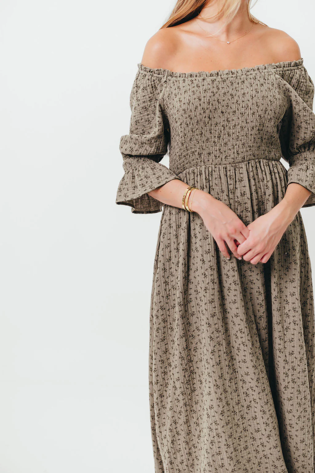 Sienna 100% Cotton Puff Sleeve Maxi Dress in Olive Foliage - Bump Friendly - Image 5