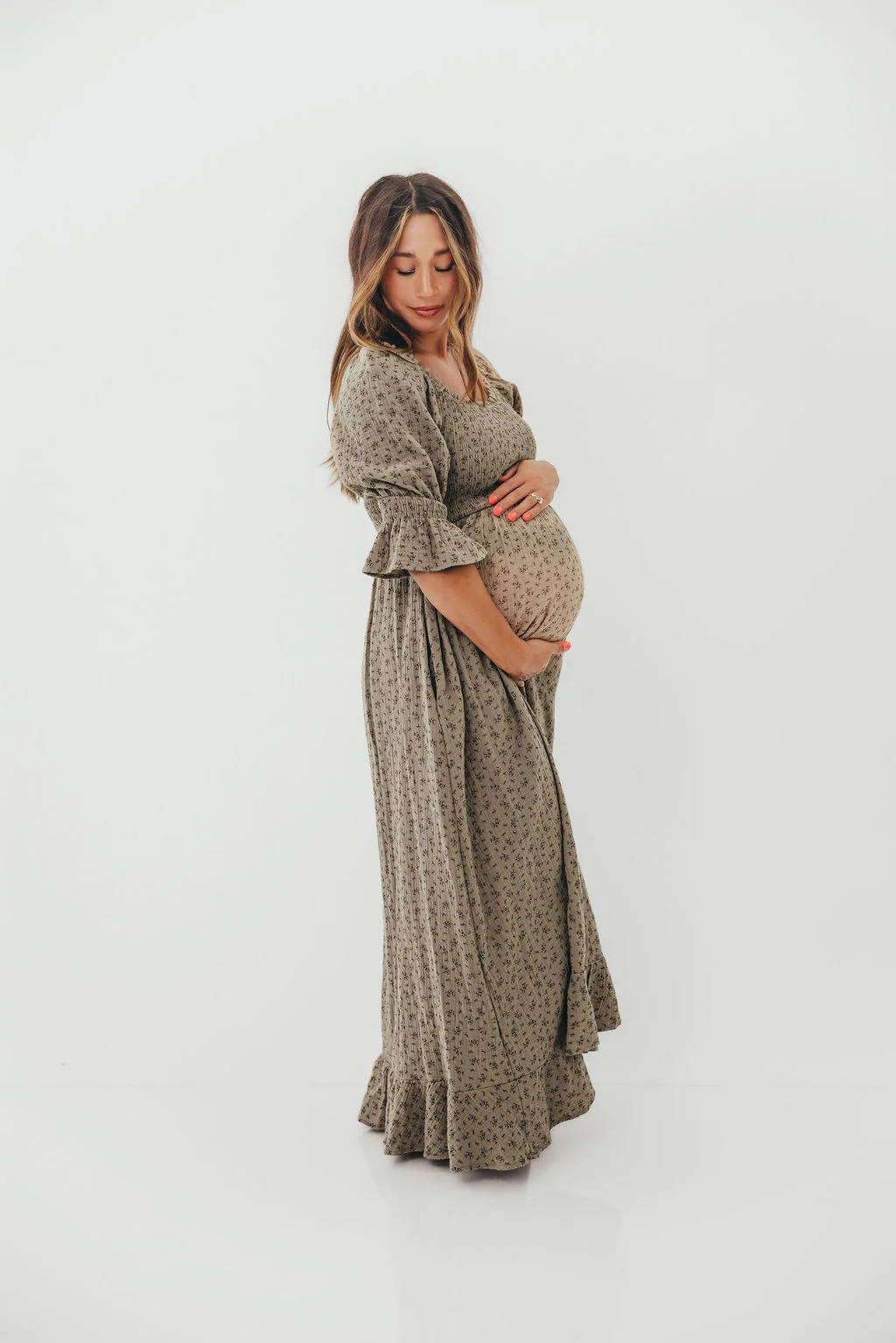 Sienna 100% Cotton Puff Sleeve Maxi Dress in Olive Foliage - Bump Friendly - Image 6