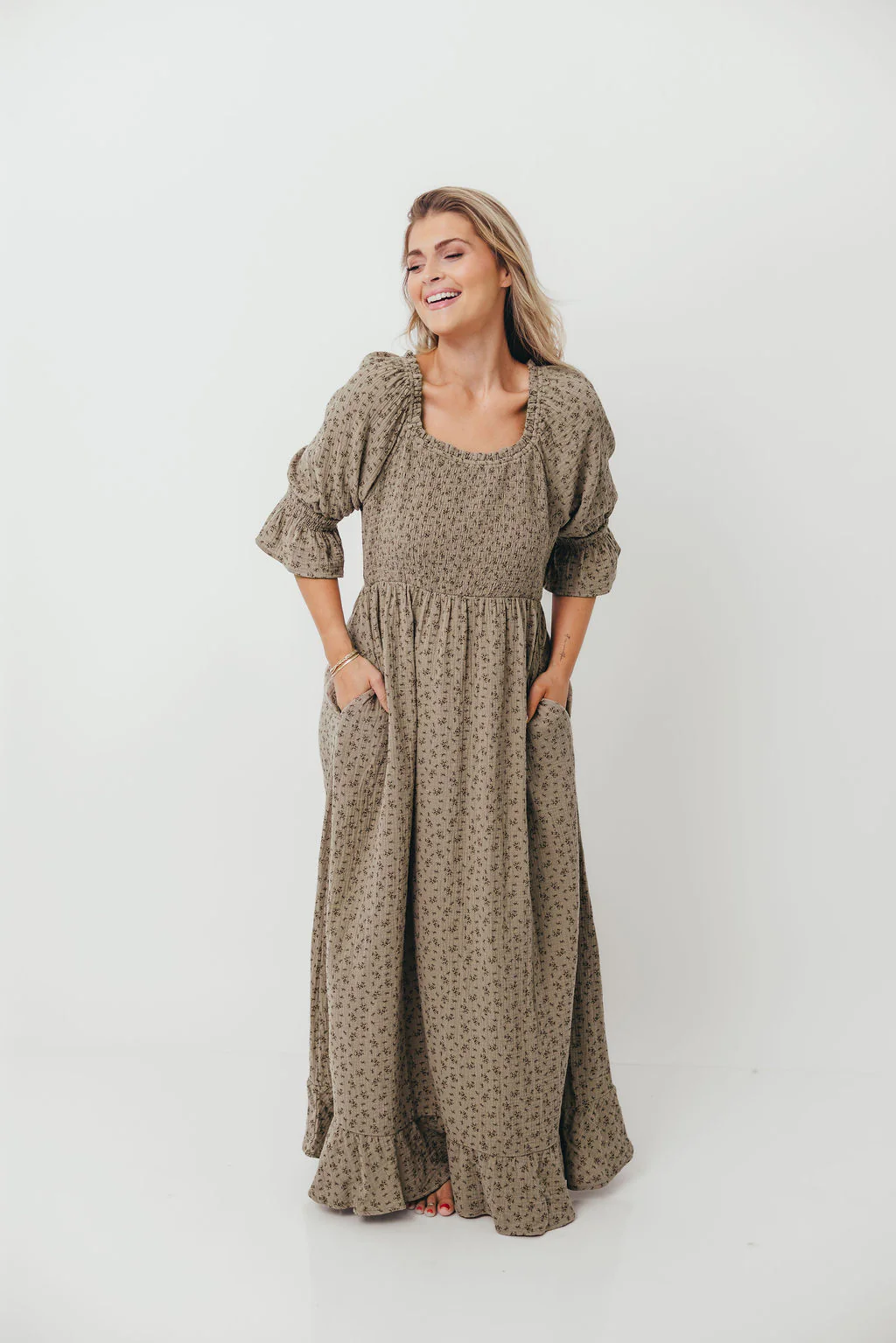 Sienna 100% Cotton Puff Sleeve Maxi Dress in Olive Foliage - Bump Friendly - Image 8