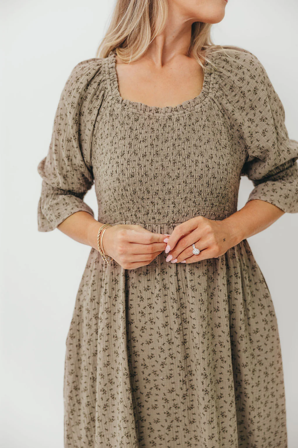 Sienna 100% Cotton Puff Sleeve Maxi Dress in Olive Foliage - Bump Friendly - Image 9