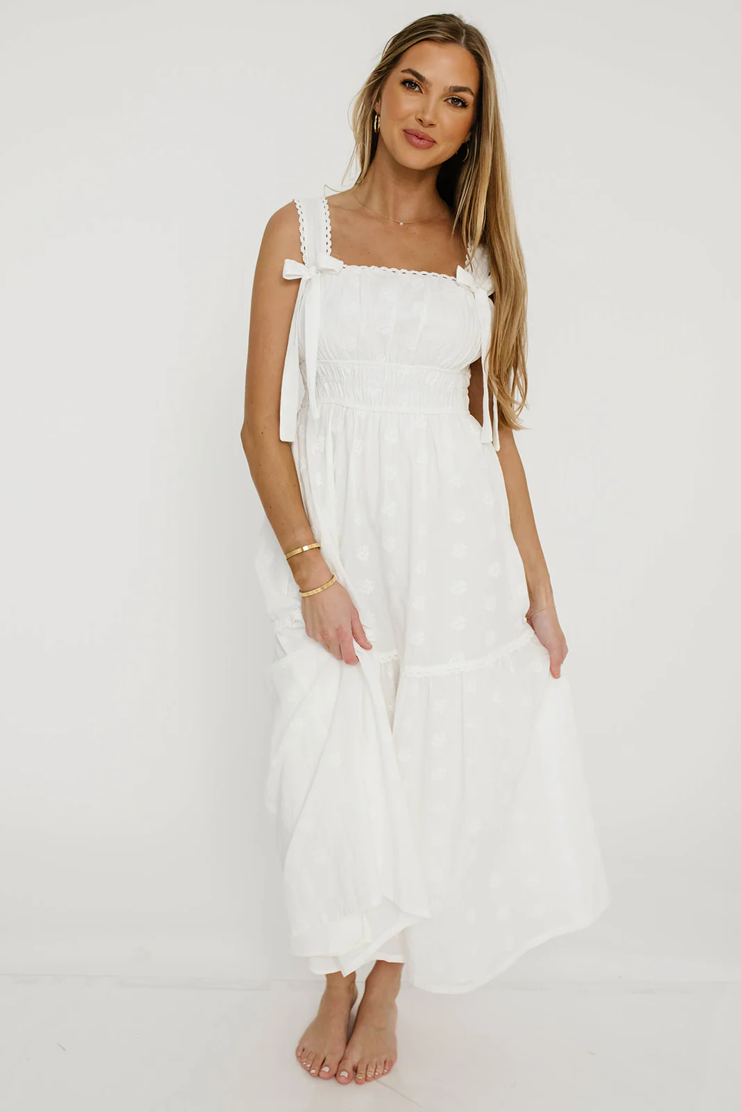 Myka Embroidered Tie-Strap Tiered Maxi Dress in Off-White