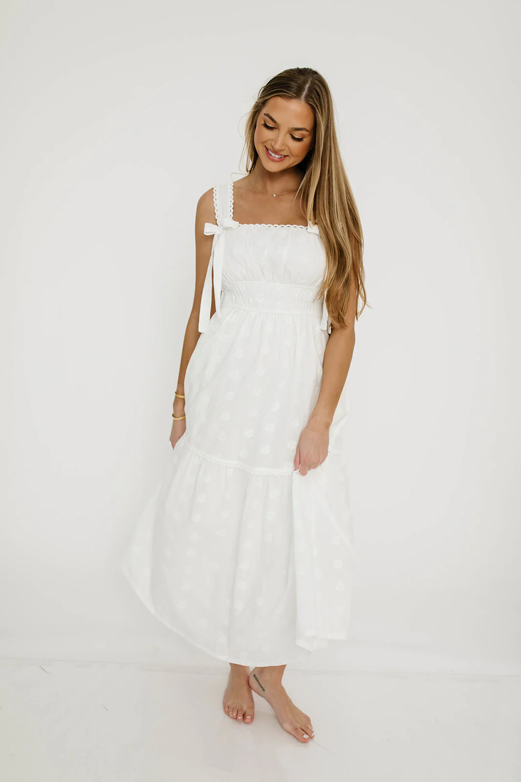 Myka Embroidered Tie-Strap Tiered Maxi Dress in Off-White - Image 2