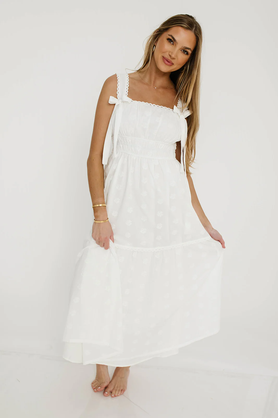 Myka Embroidered Tie-Strap Tiered Maxi Dress in Off-White - Image 3