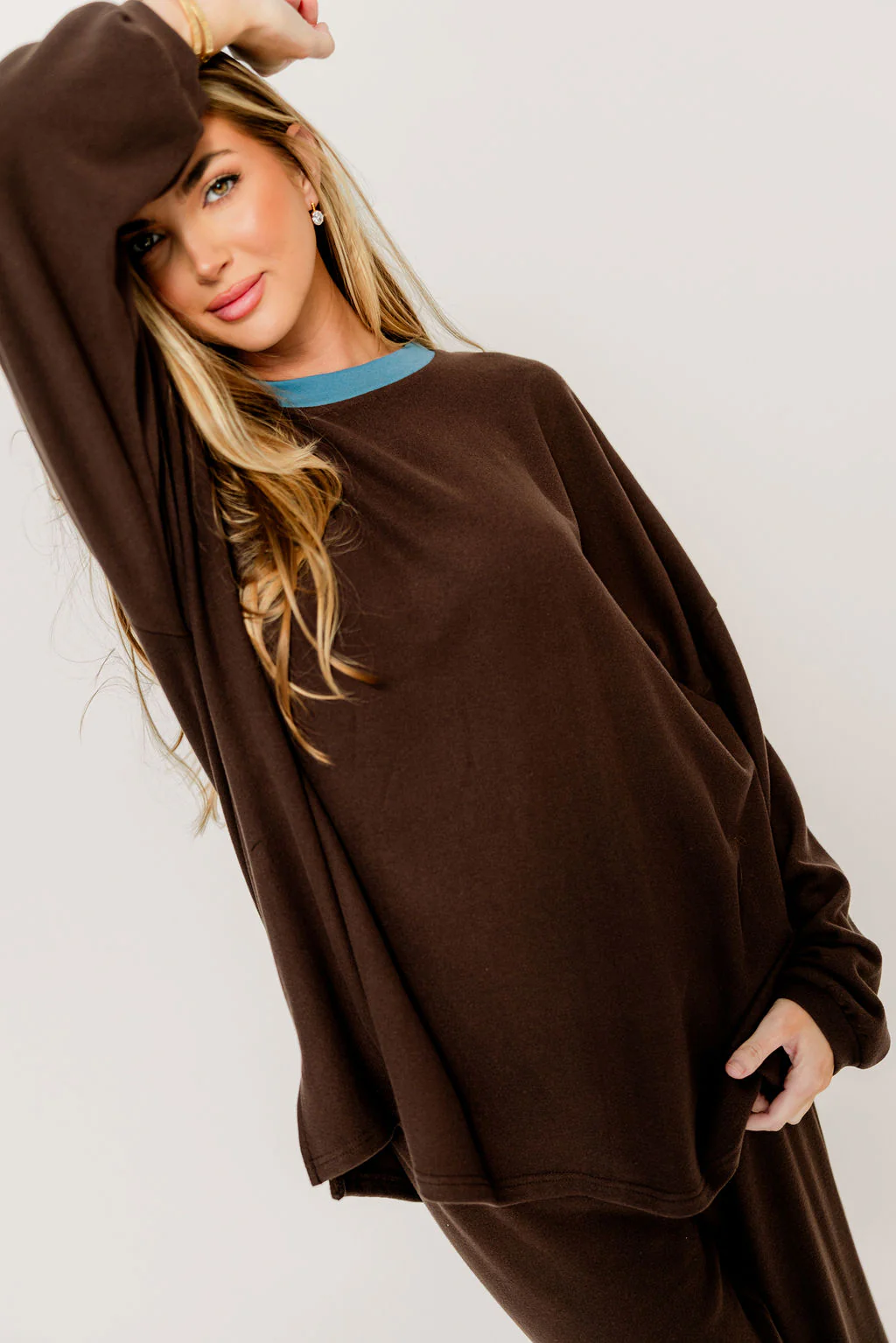 Naomi Oversized Fleece Long Sleeve Top in Brown