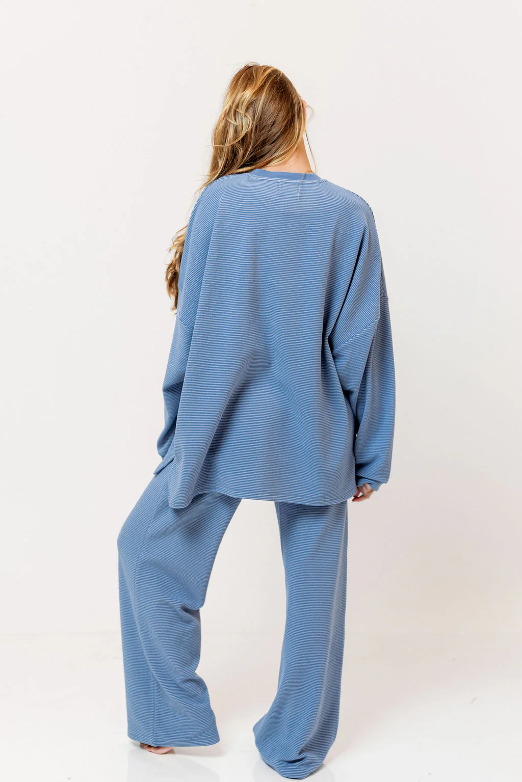 Naomi Striped Oversized Fleece Long Sleeve Top in Sky Blue - Bump Friendly - Image 4