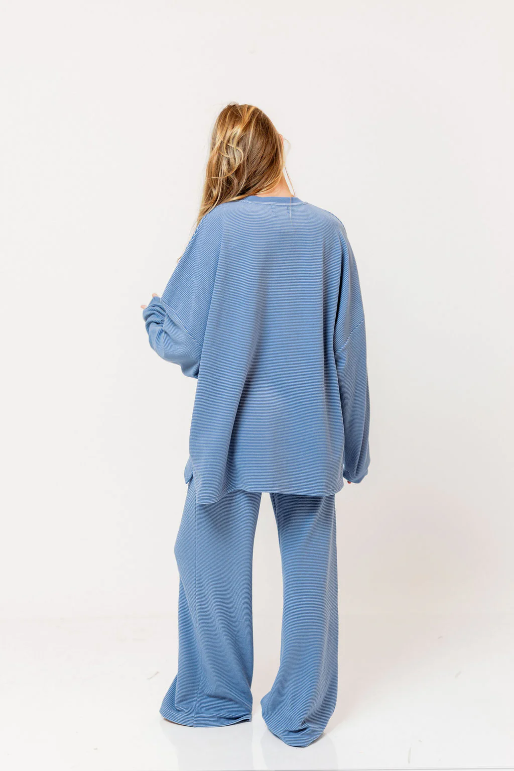 Naomi Striped Oversized Fleece Long Sleeve Top in Sky Blue - Bump Friendly - Image 5