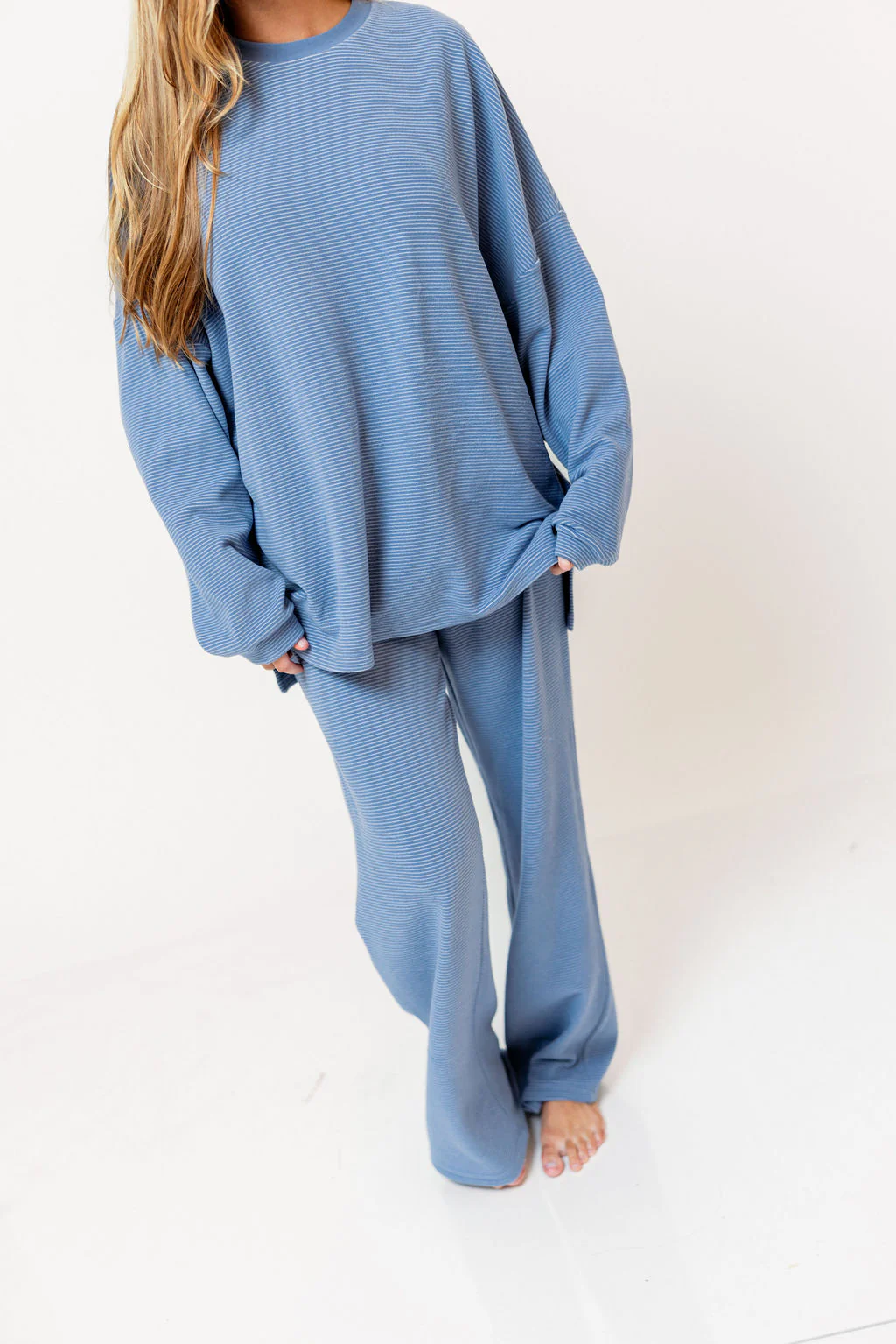 Naomi Striped Oversized Fleece Long Sleeve Top in Sky Blue - Bump Friendly - Image 7
