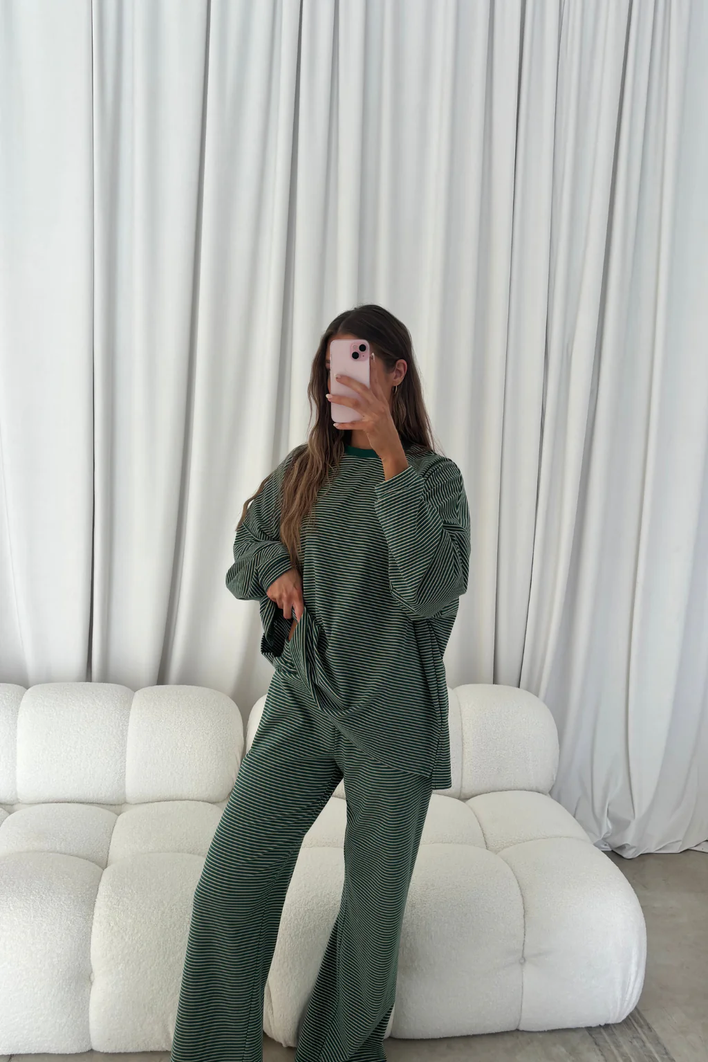 Naomi Striped Fleece Oversized Long Sleeve Top in Forest Green - Image 2