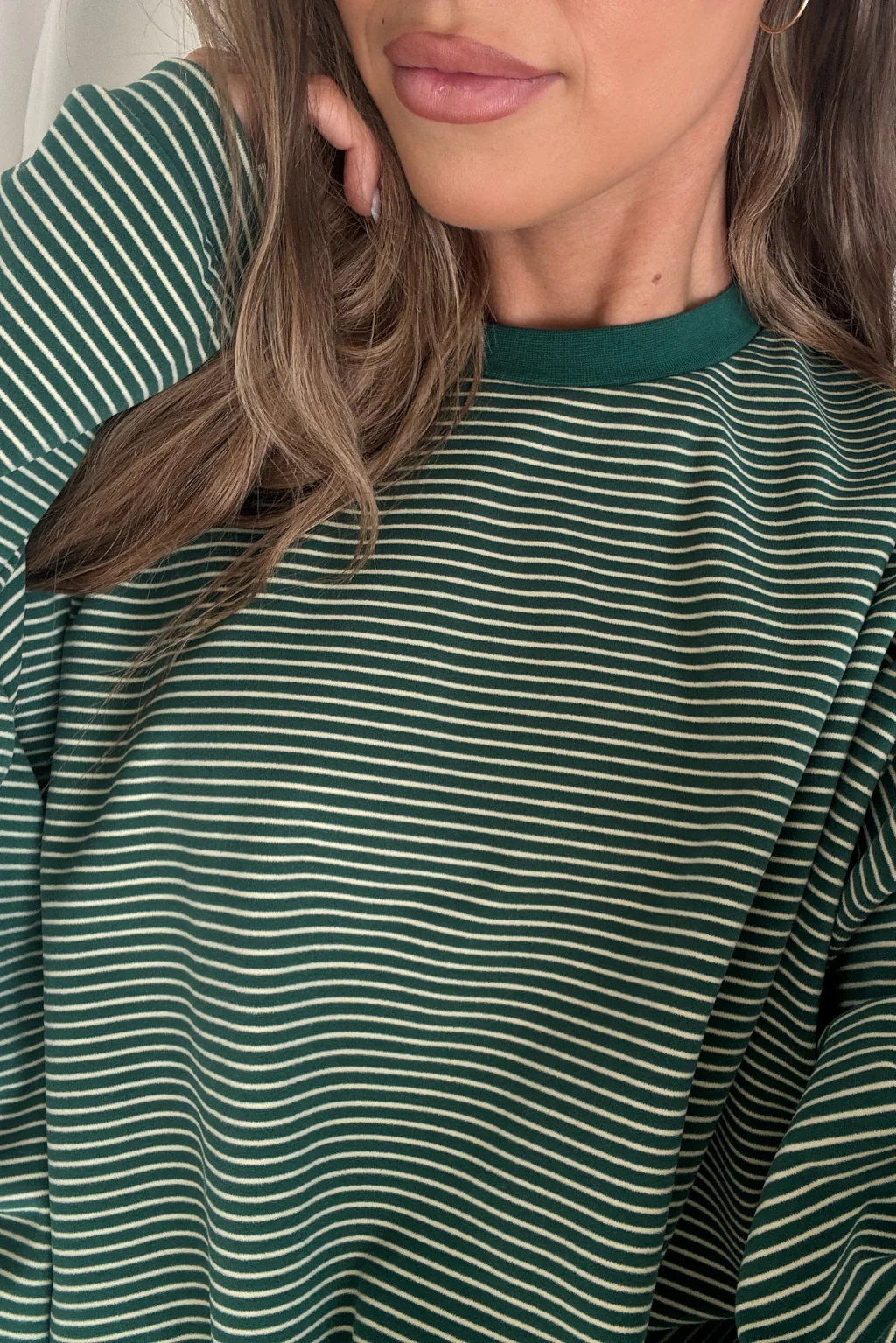 Naomi Striped Fleece Oversized Long Sleeve Top in Forest Green - Image 4