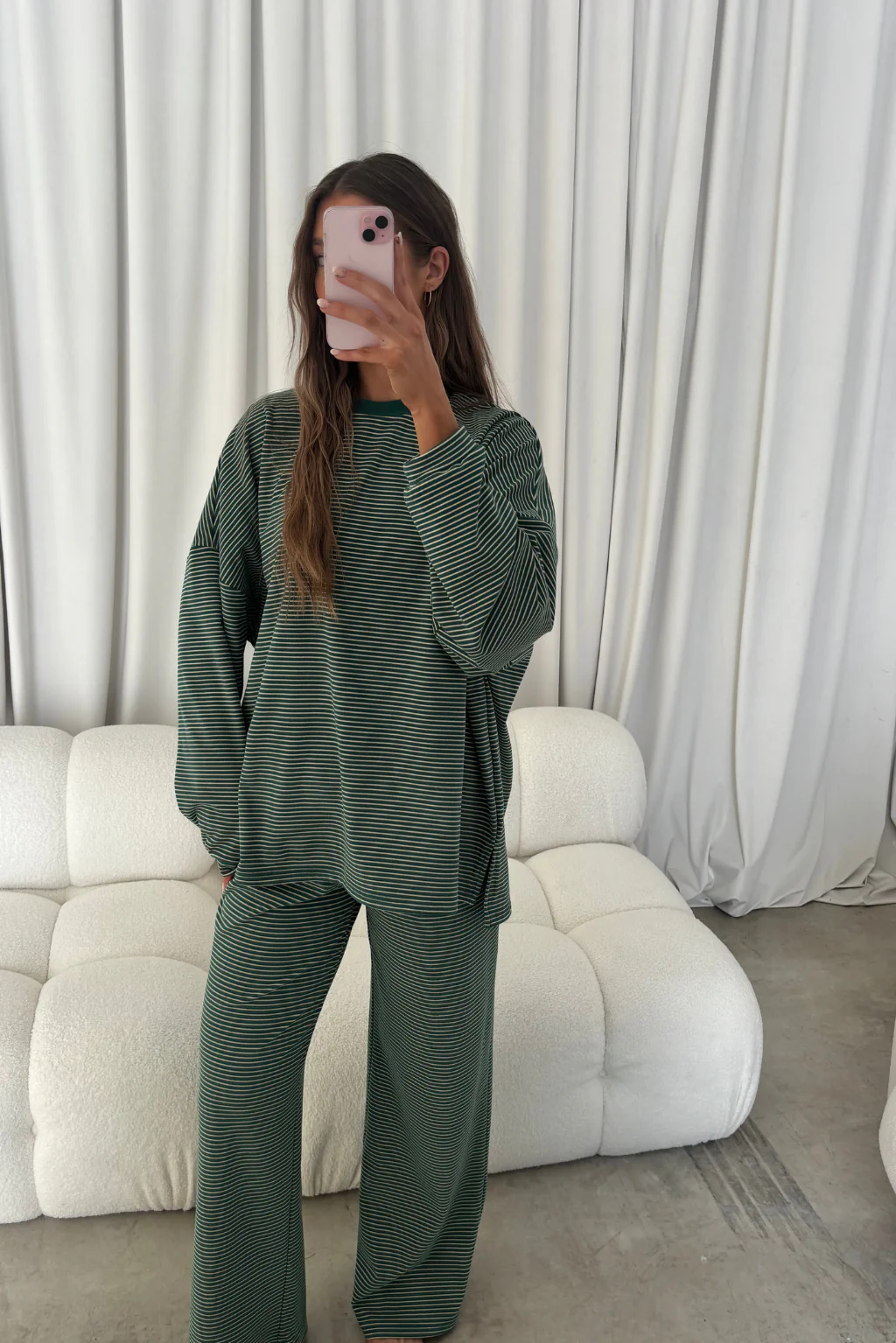 Naomi Striped Fleece Oversized Long Sleeve Top in Forest Green - Image 5