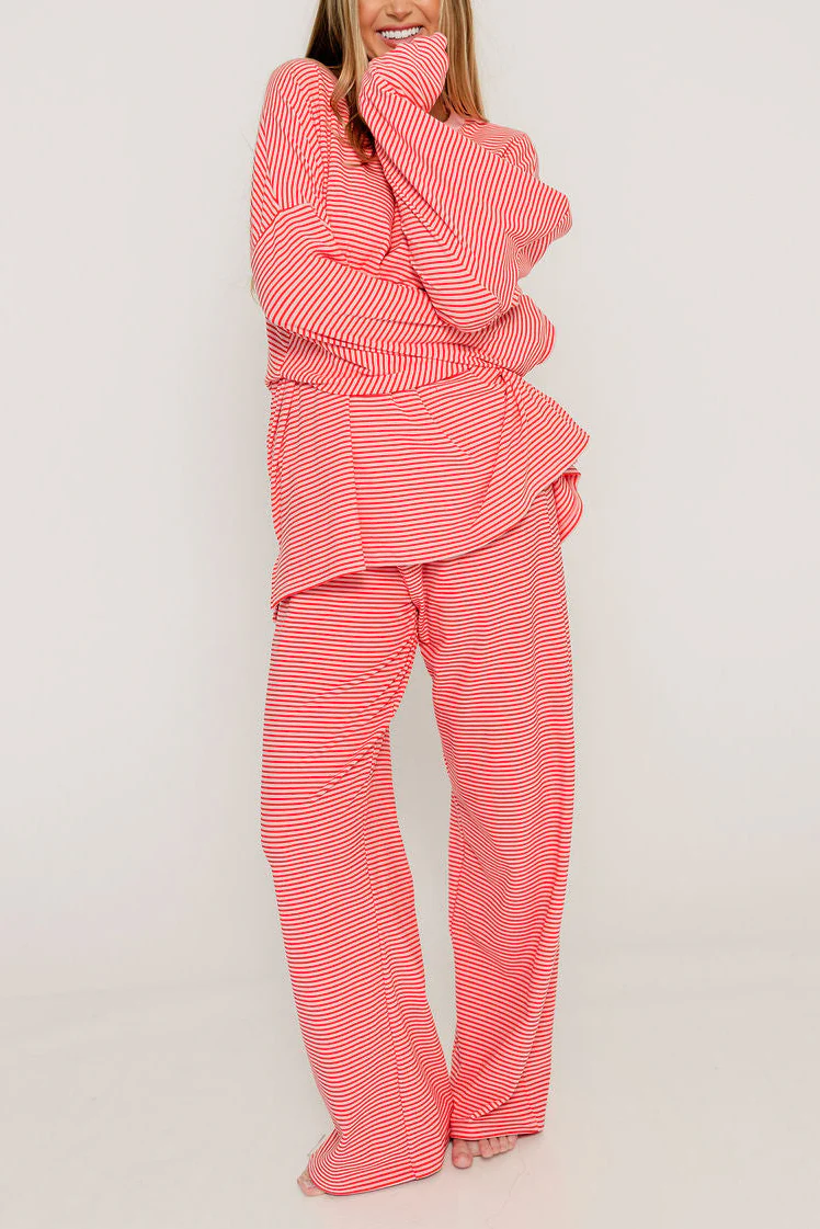 Naomi Striped Fleece Oversized Long Sleeve Top in Pink/Red - Image 2