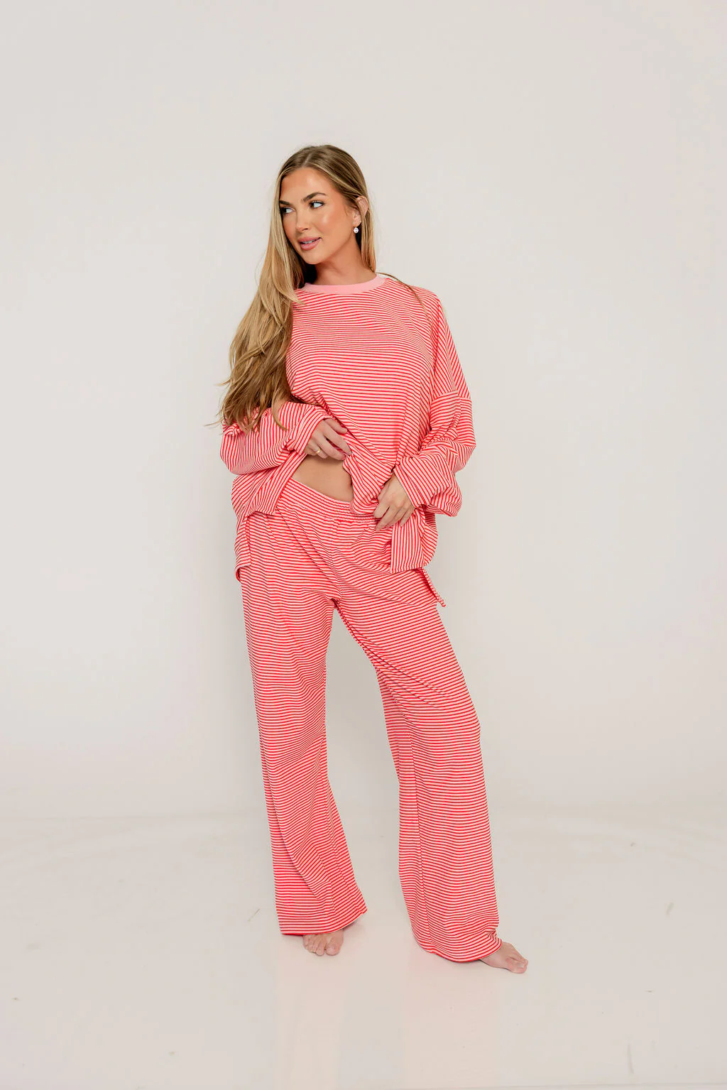Naomi Striped Fleece Oversized Long Sleeve Top in Pink/Red - Image 3