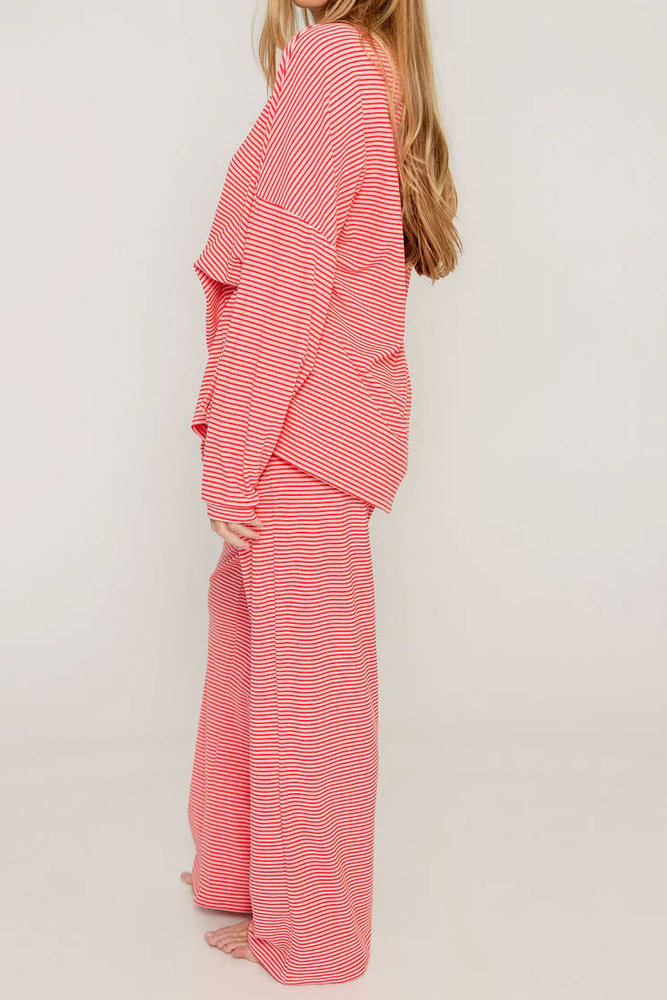 Naomi Striped Fleece Oversized Long Sleeve Top in Pink/Red - Image 5
