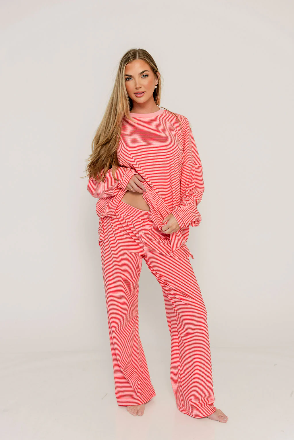 Naomi Striped Fleece Oversized Long Sleeve Top in Pink/Red - Image 6