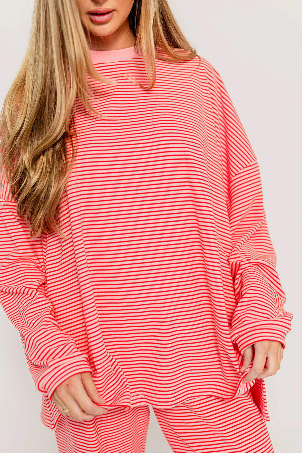Naomi Striped Fleece Oversized Long Sleeve Top in Pink/Red - Image 7