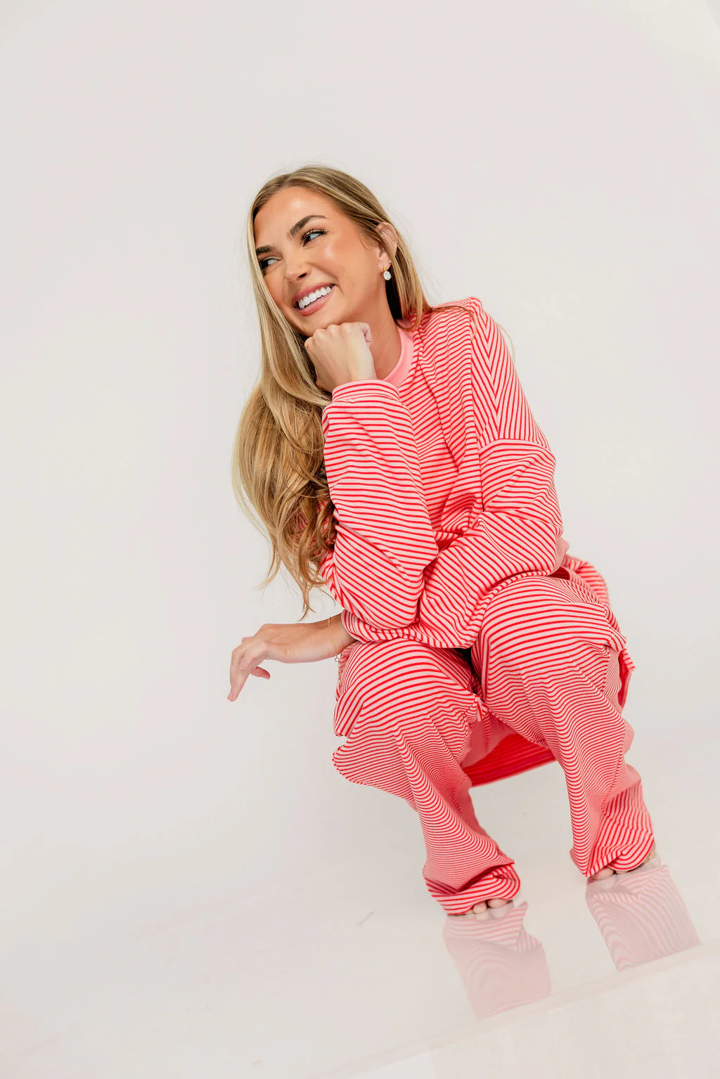 Naomi Striped Fleece Oversized Long Sleeve Top in Pink/Red - Image 9