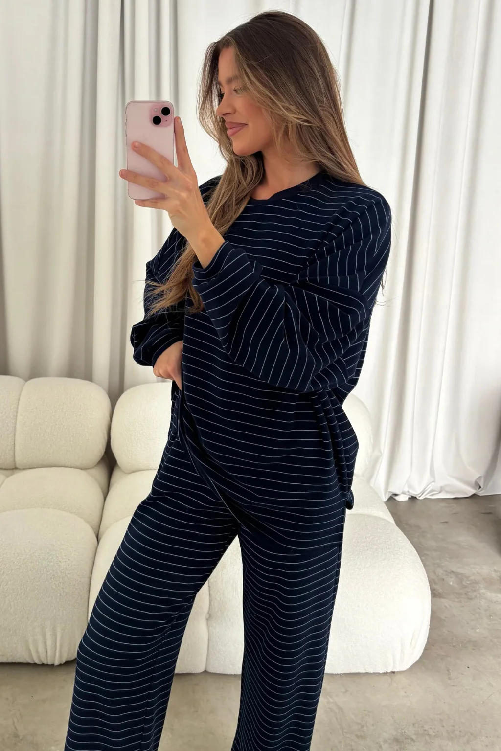 Naomi Striped Fleece Oversized Long Sleeve Top in Navy