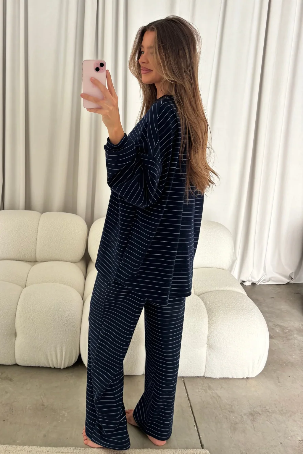 Naomi Striped Fleece Oversized Long Sleeve Top in Navy - Image 6