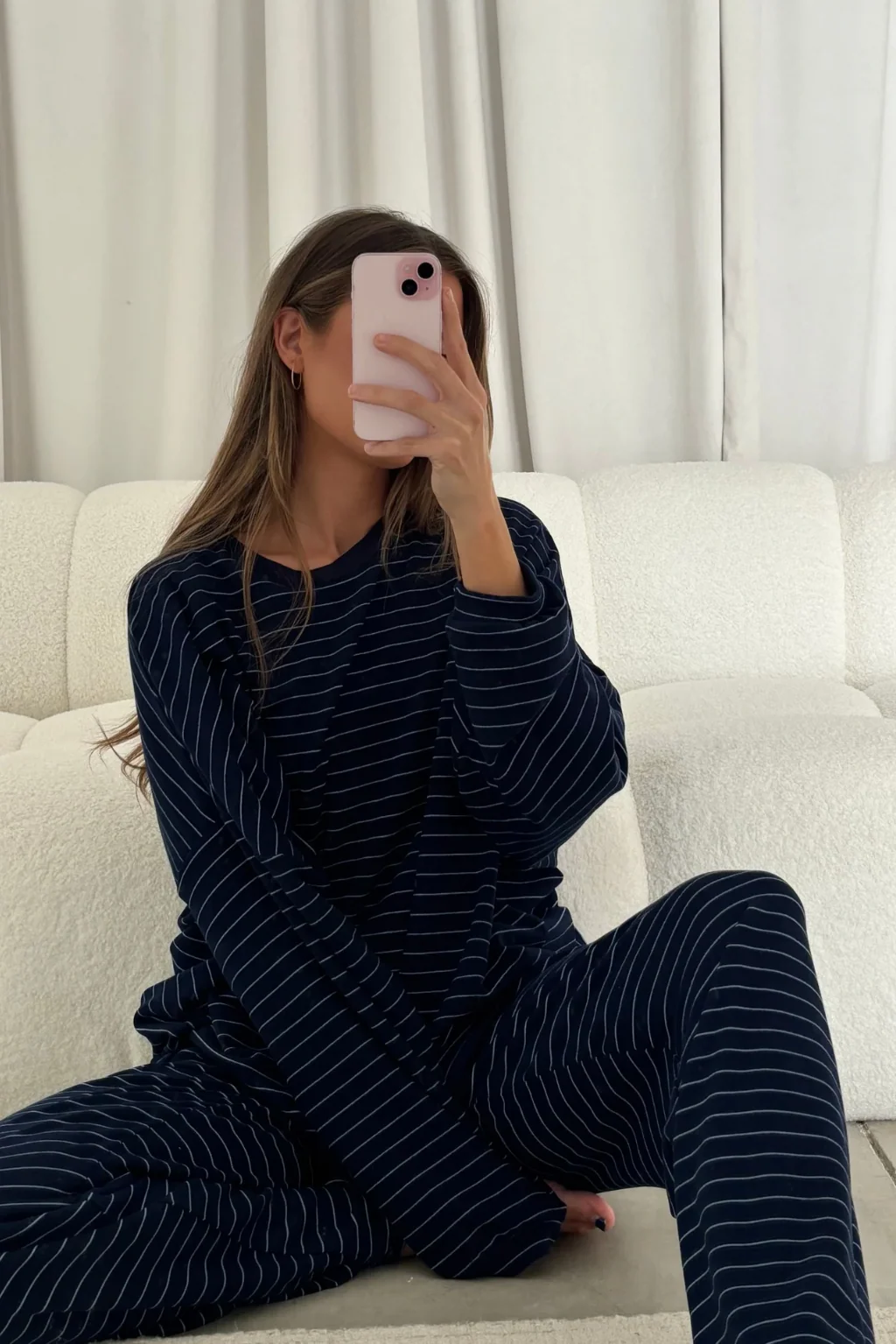 Naomi Striped Fleece Oversized Long Sleeve Top in Navy - Image 8