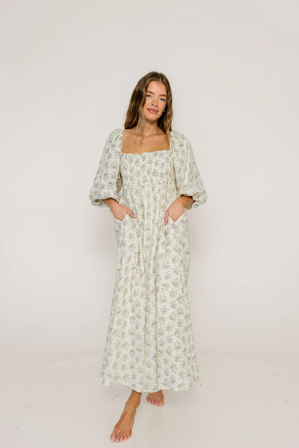 Noa Premium 100% Cotton Maxi Dress in Dusty Blue Floral - Bump Friendly