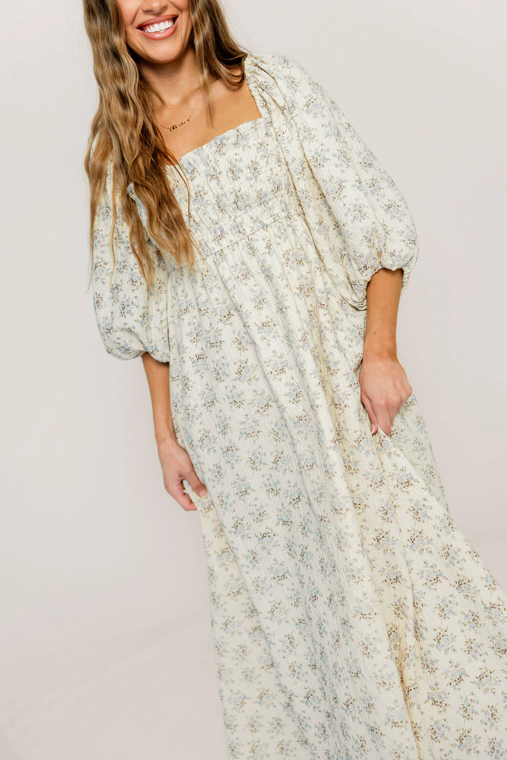 Noa Premium 100% Cotton Maxi Dress in Dusty Blue Floral - Bump Friendly - Image 3
