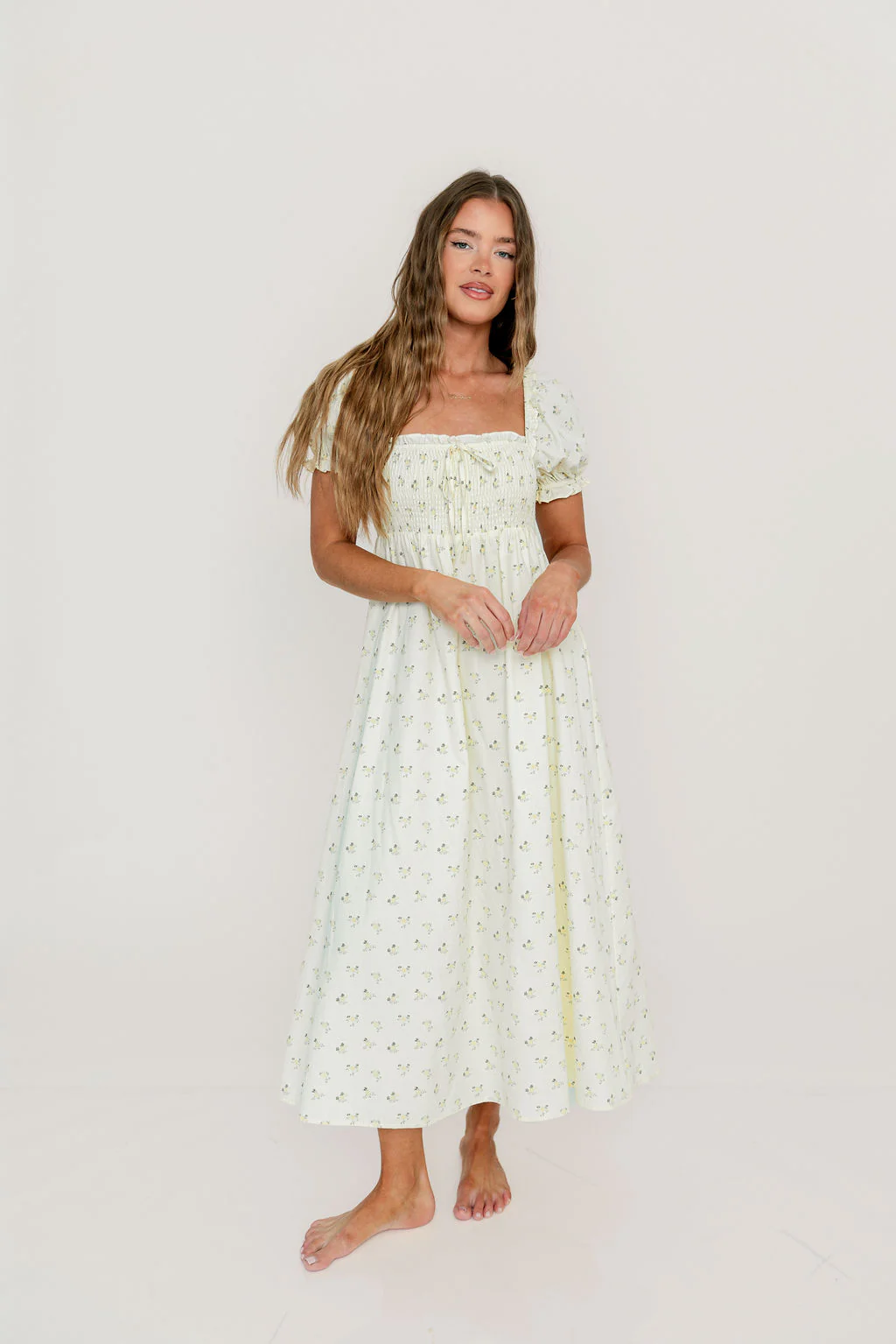Nya 100% Cotton Midi Dress in Cream/Green Floral