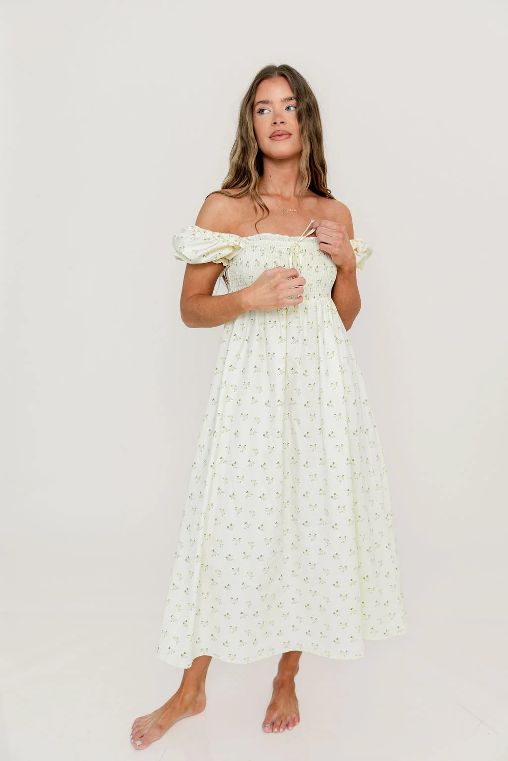 Nya 100% Cotton Midi Dress in Cream/Green Floral - Image 10