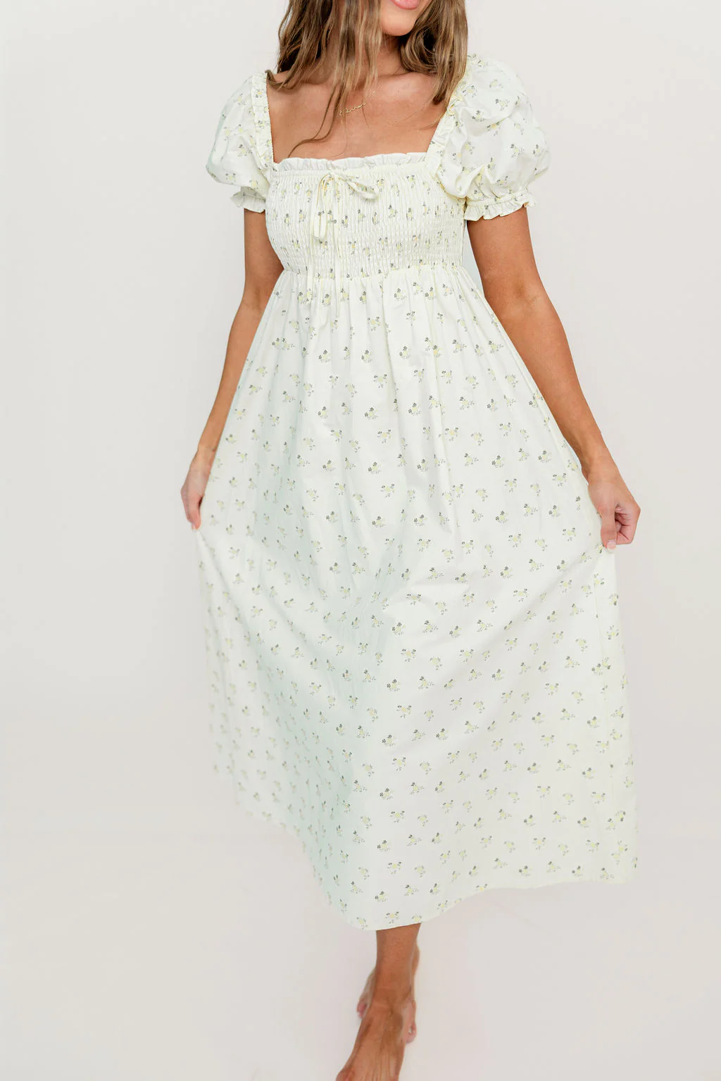 Nya 100% Cotton Midi Dress in Cream/Green Floral - Image 12