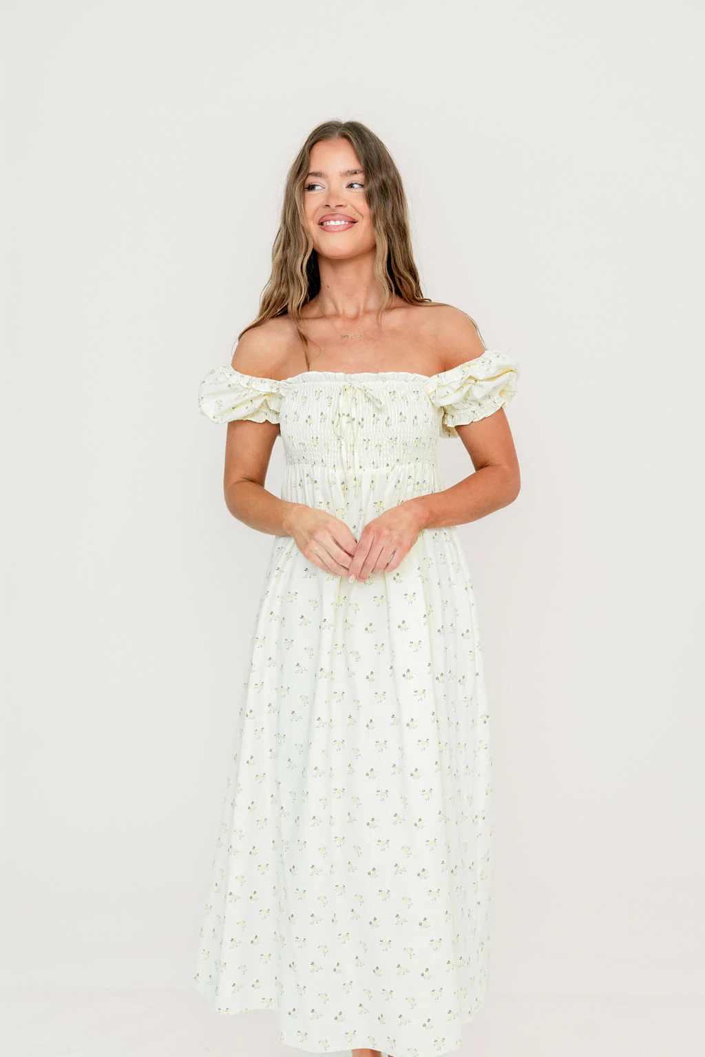 Nya 100% Cotton Midi Dress in Cream/Green Floral - Image 2