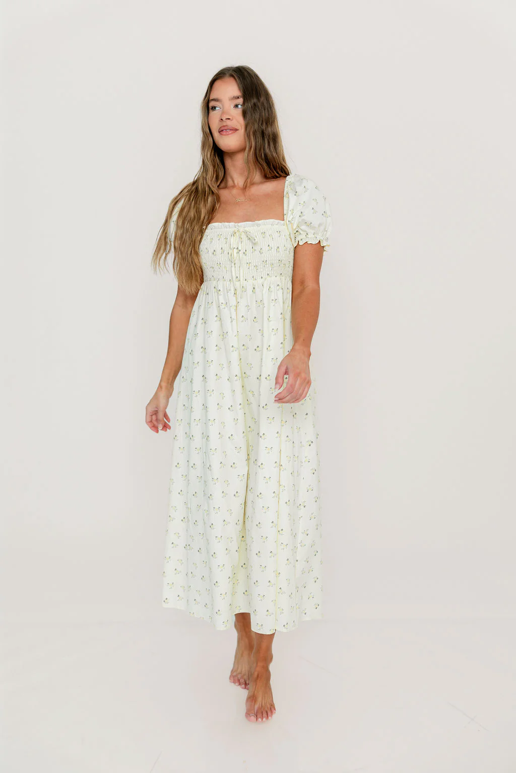 Nya 100% Cotton Midi Dress in Cream/Green Floral - Image 3