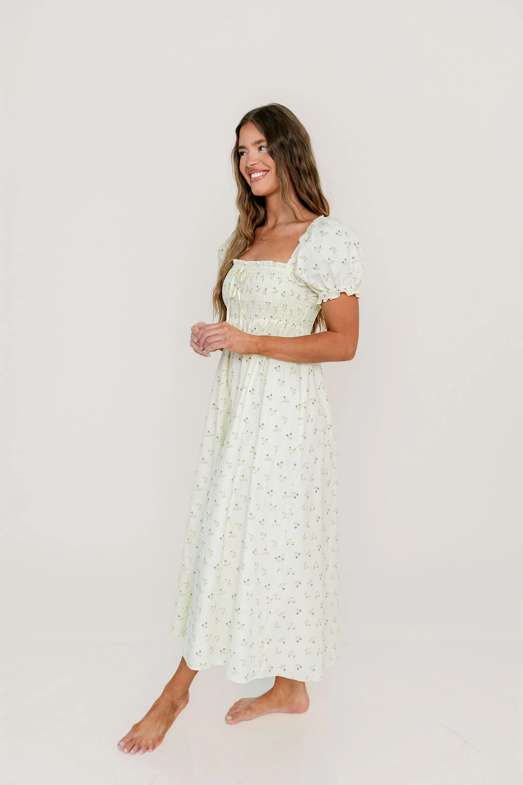 Nya 100% Cotton Midi Dress in Cream/Green Floral - Image 4