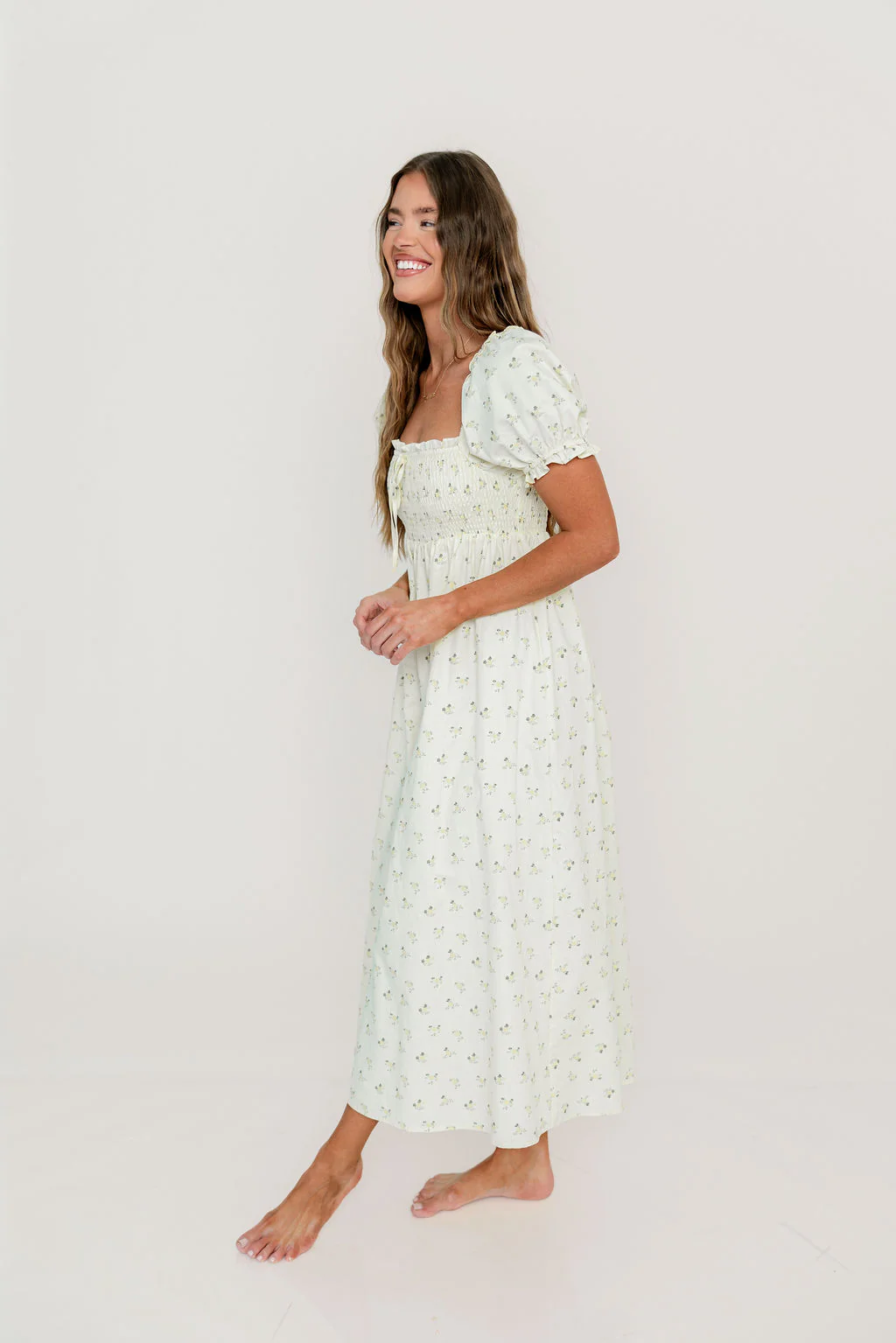 Nya 100% Cotton Midi Dress in Cream/Green Floral - Image 5