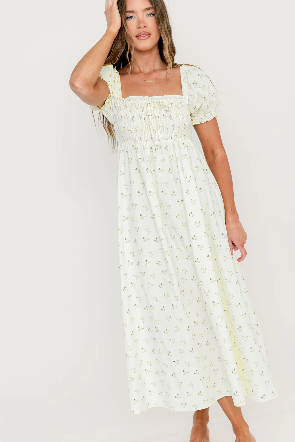 Nya 100% Cotton Midi Dress in Cream/Green Floral - Image 6