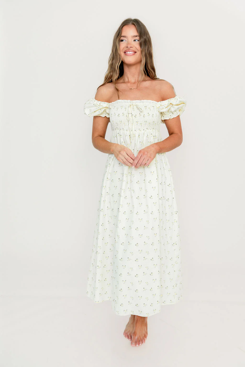 Nya 100% Cotton Midi Dress in Cream/Green Floral - Image 7