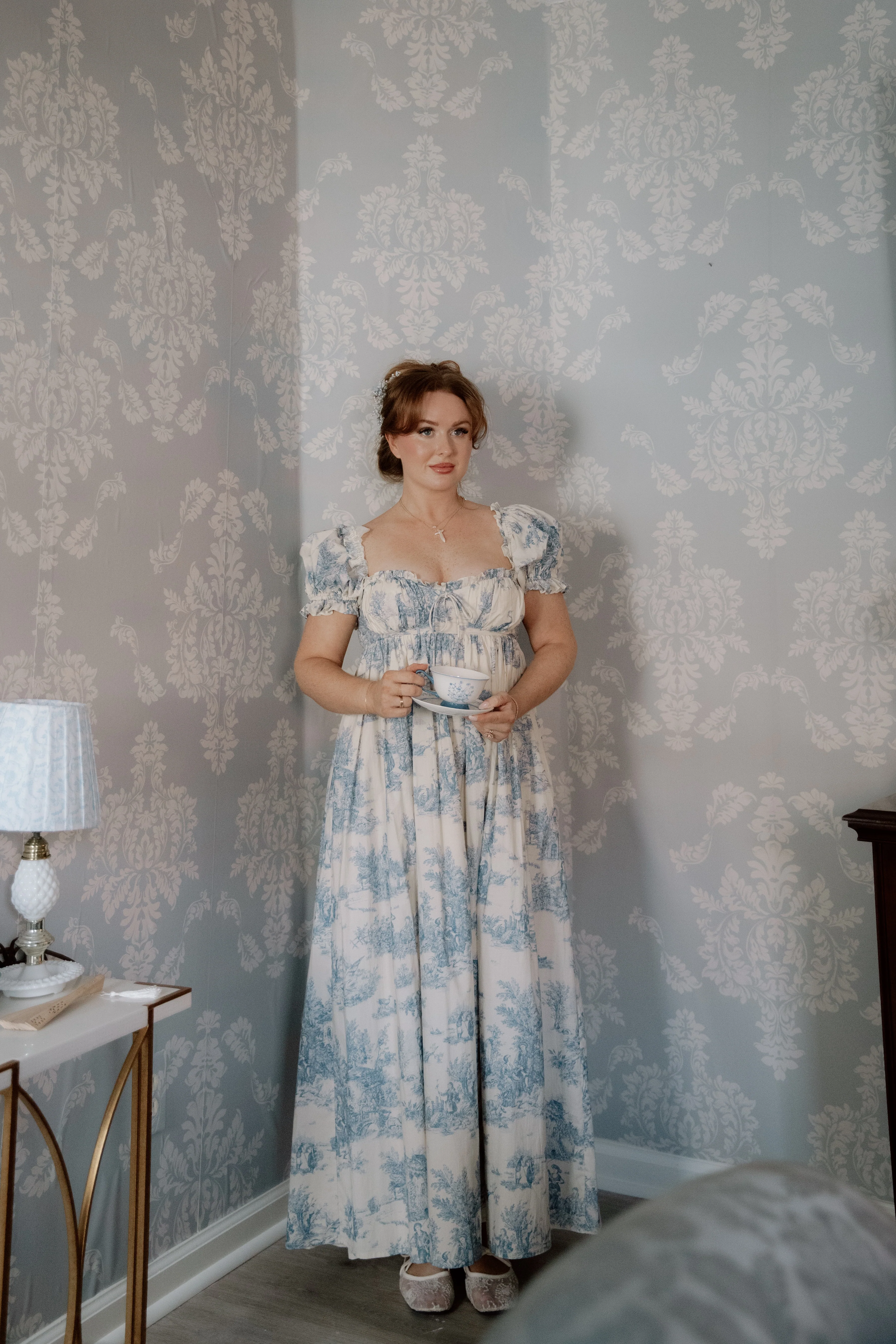 Olivia 100% Cotton Maxi Dress in Blue Toile - Bump Friendly