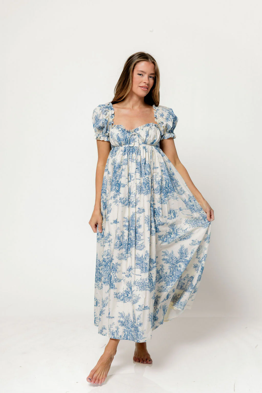 Olivia 100% Cotton Maxi Dress in Blue Toile - Bump Friendly - Image 3