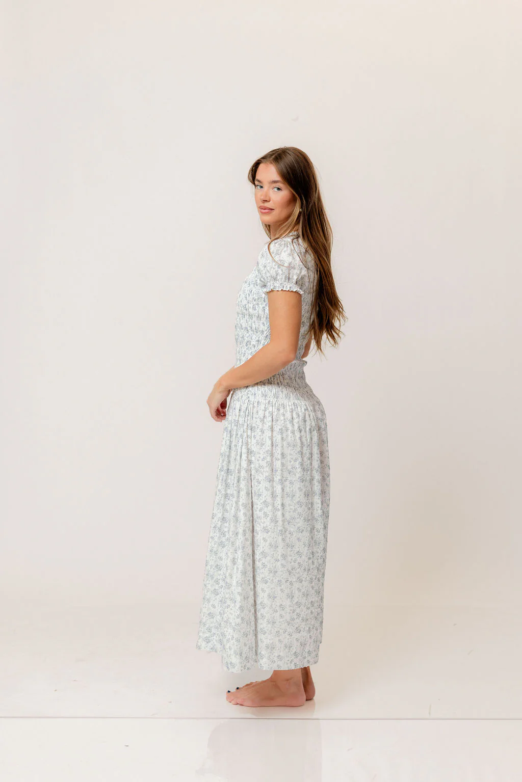 Orchard 100% Cotton Smocked Maxi Dress in Blue - Bump Friendly - Image 3