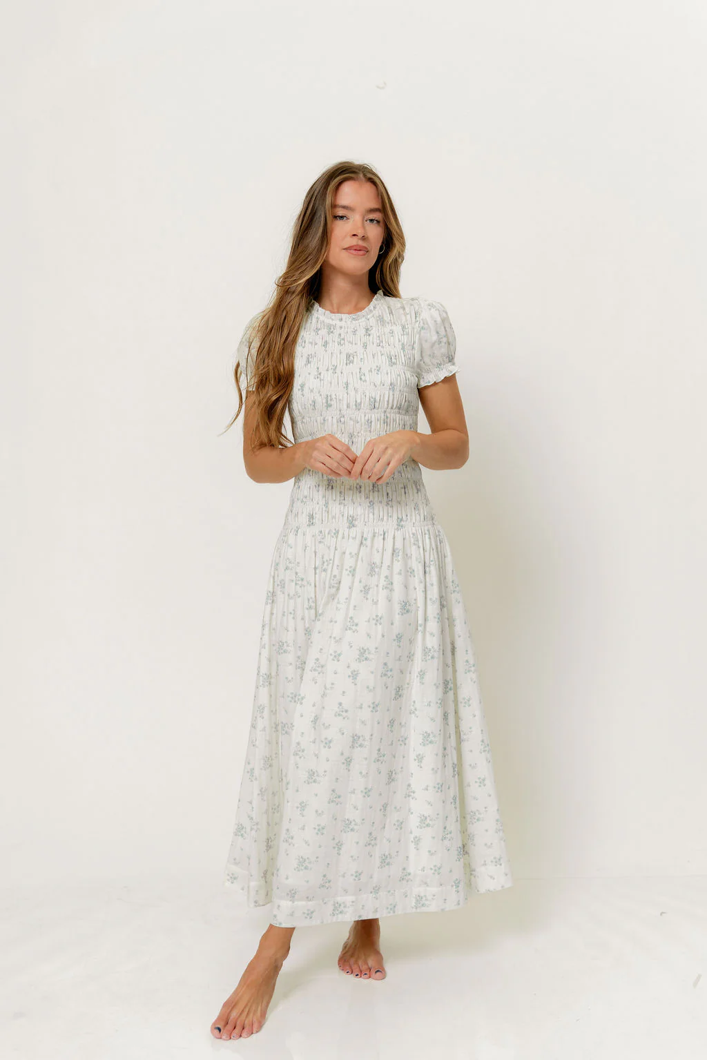 Orchard 100% Cotton Smocked Maxi Dress in Off White/Blue - Bump Friendly