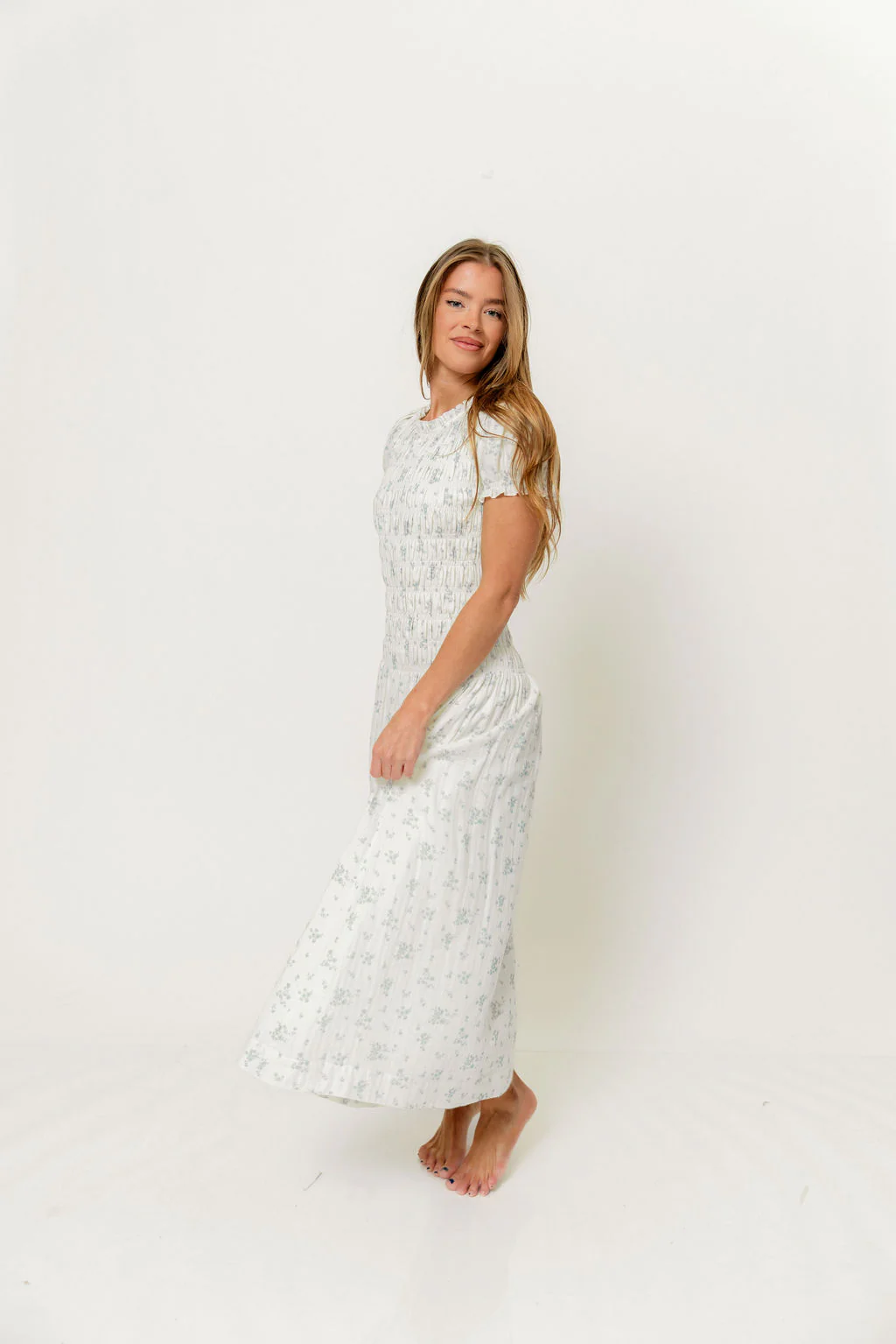Orchard 100% Cotton Smocked Maxi Dress in Off White/Blue - Bump Friendly - Image 6