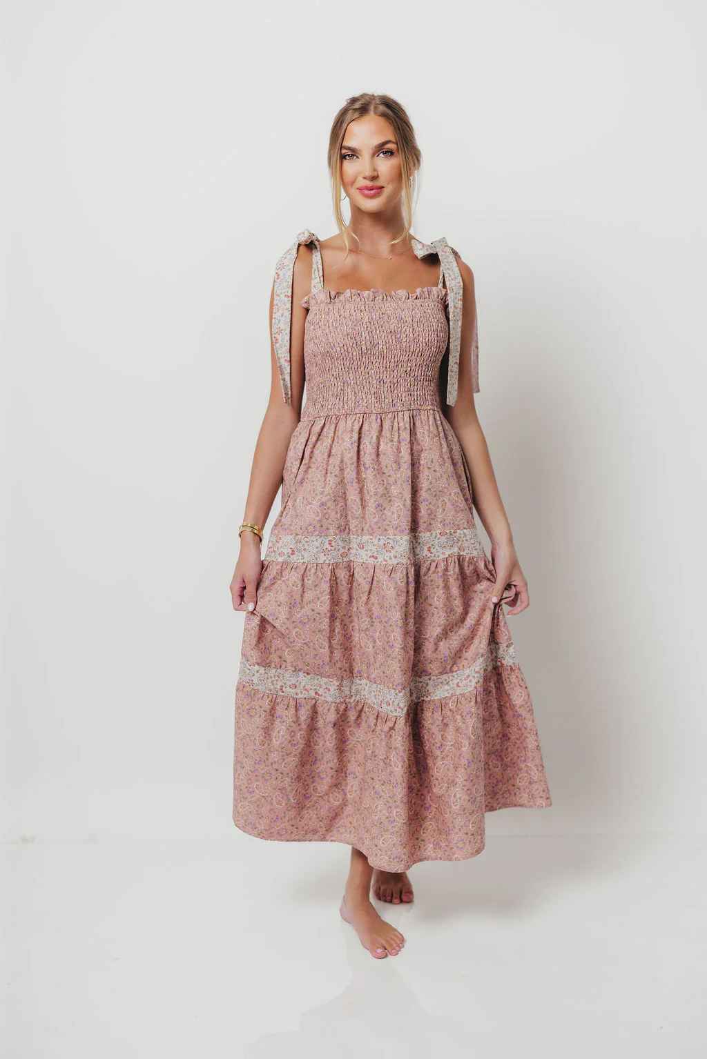Paisley Tiered Midi Dress in Nude Pink - Image 10