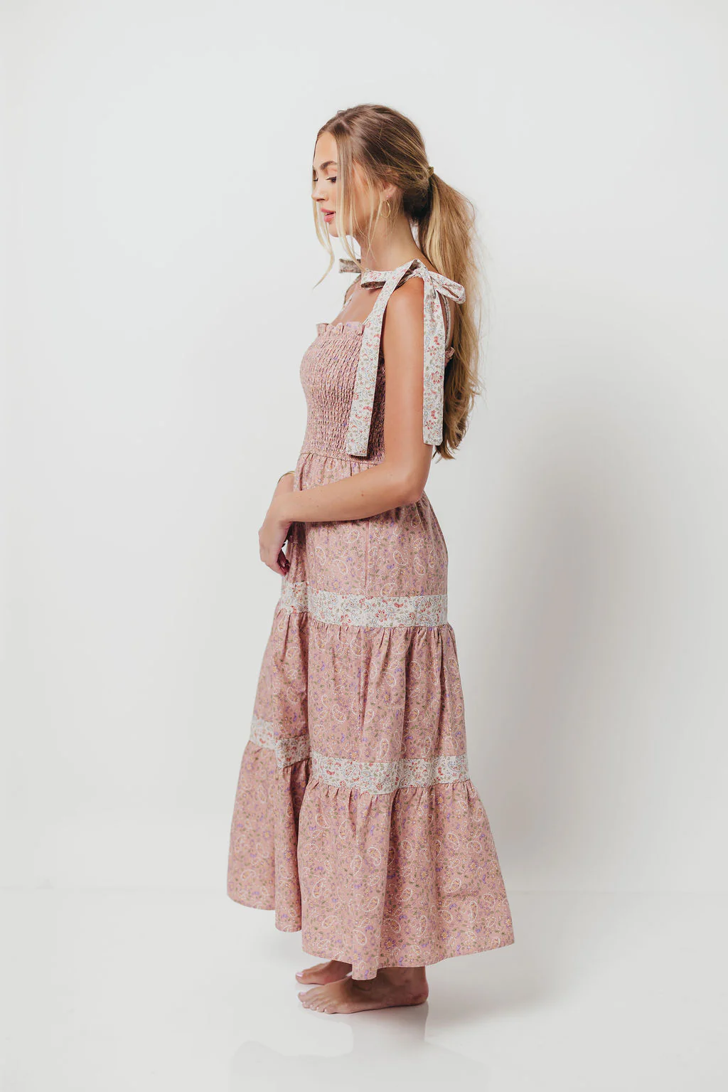 Paisley Tiered Midi Dress in Nude Pink - Image 11