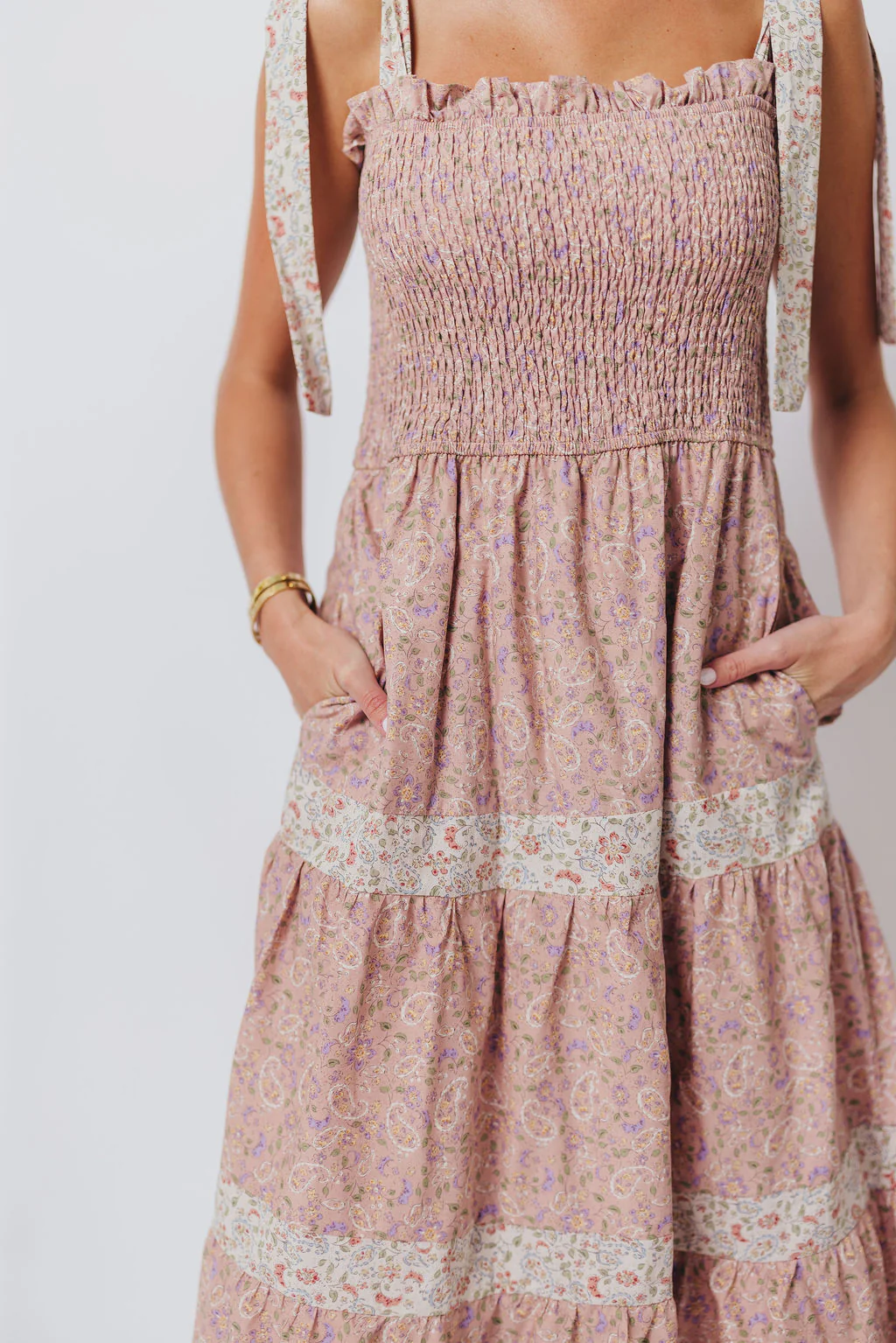 Paisley Tiered Midi Dress in Nude Pink - Image 14