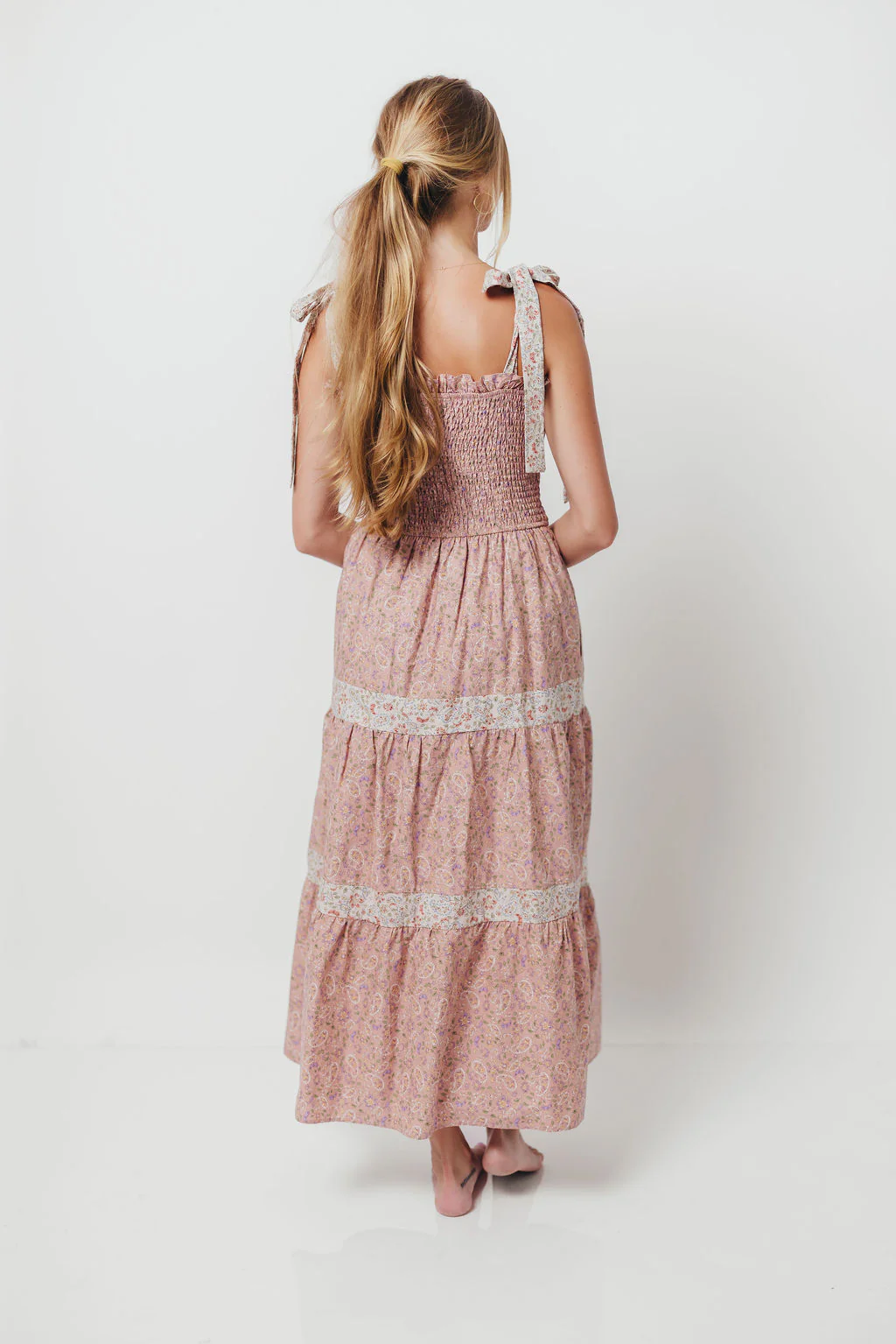 Paisley Tiered Midi Dress in Nude Pink - Image 15